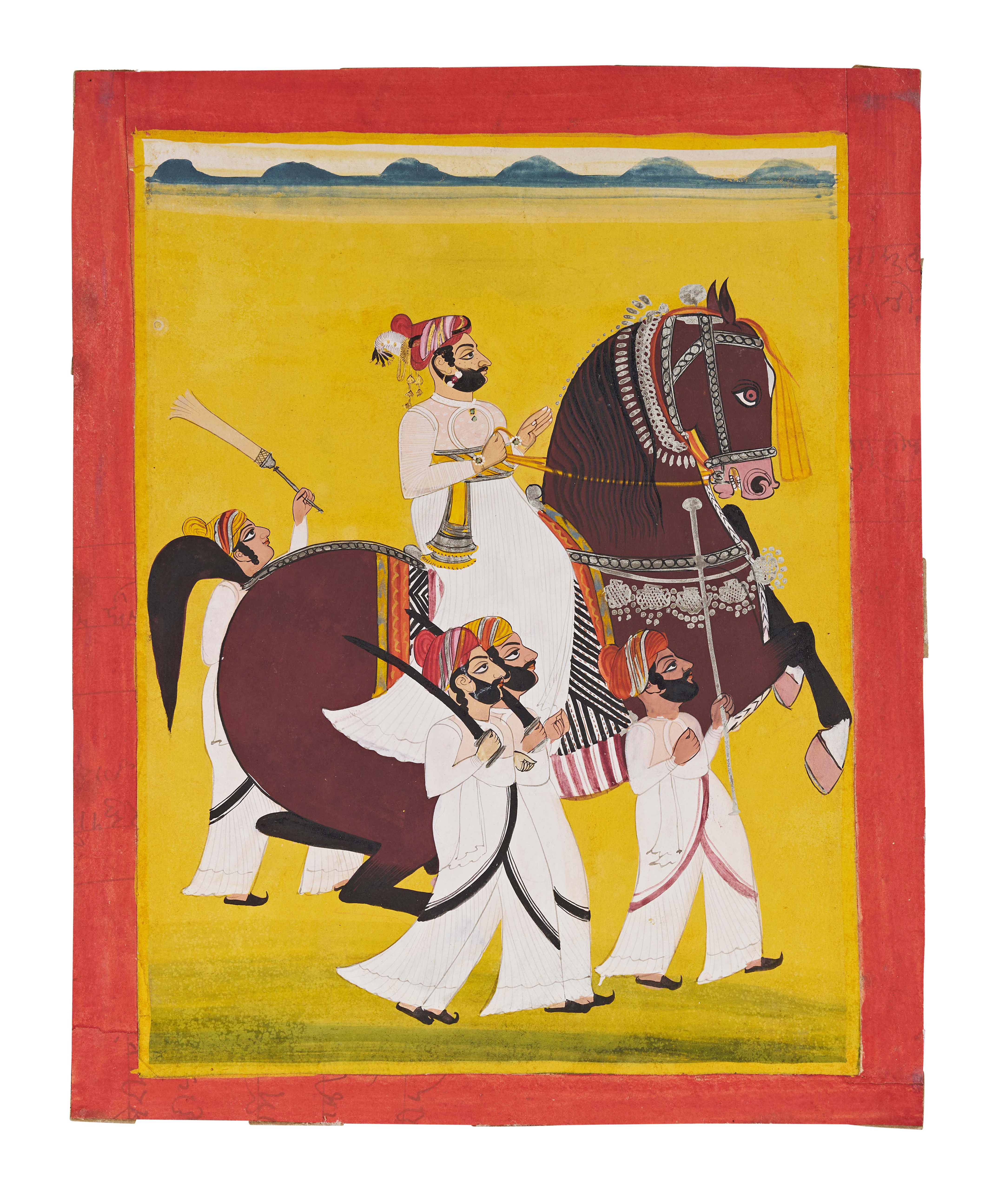 A JODHPUR SCHOOL EQUESTRIAN PORTRAIT OF THAKUR SHER SINGH OF OSIAN, RAJASTHAN, 19TH CENTURY