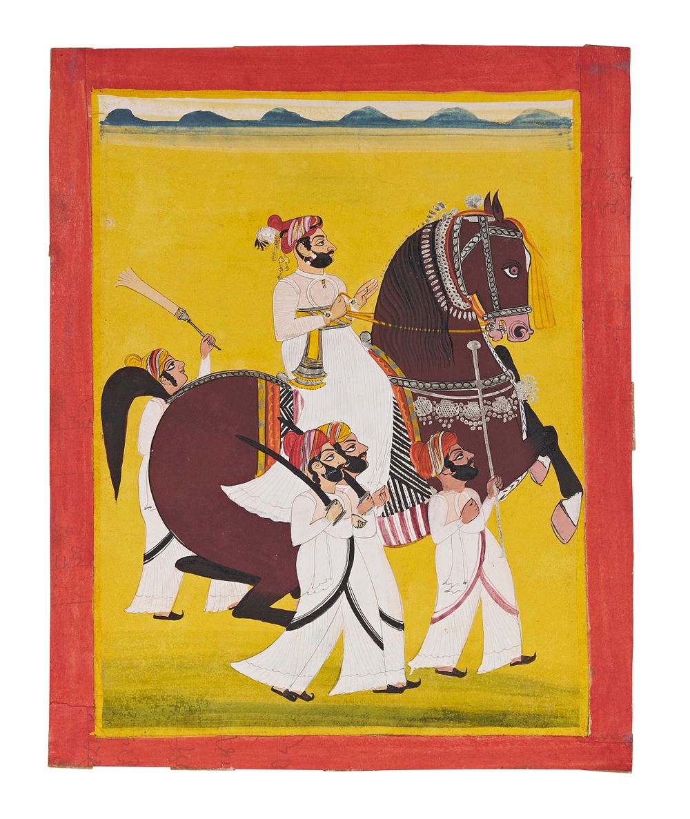 Lot 283: A JODHPUR SCHOOL EQUESTRIAN PORTRAIT OF THAKUR SHER SINGH OF OSIAN, RAJASTHAN, 19TH CENTURY
