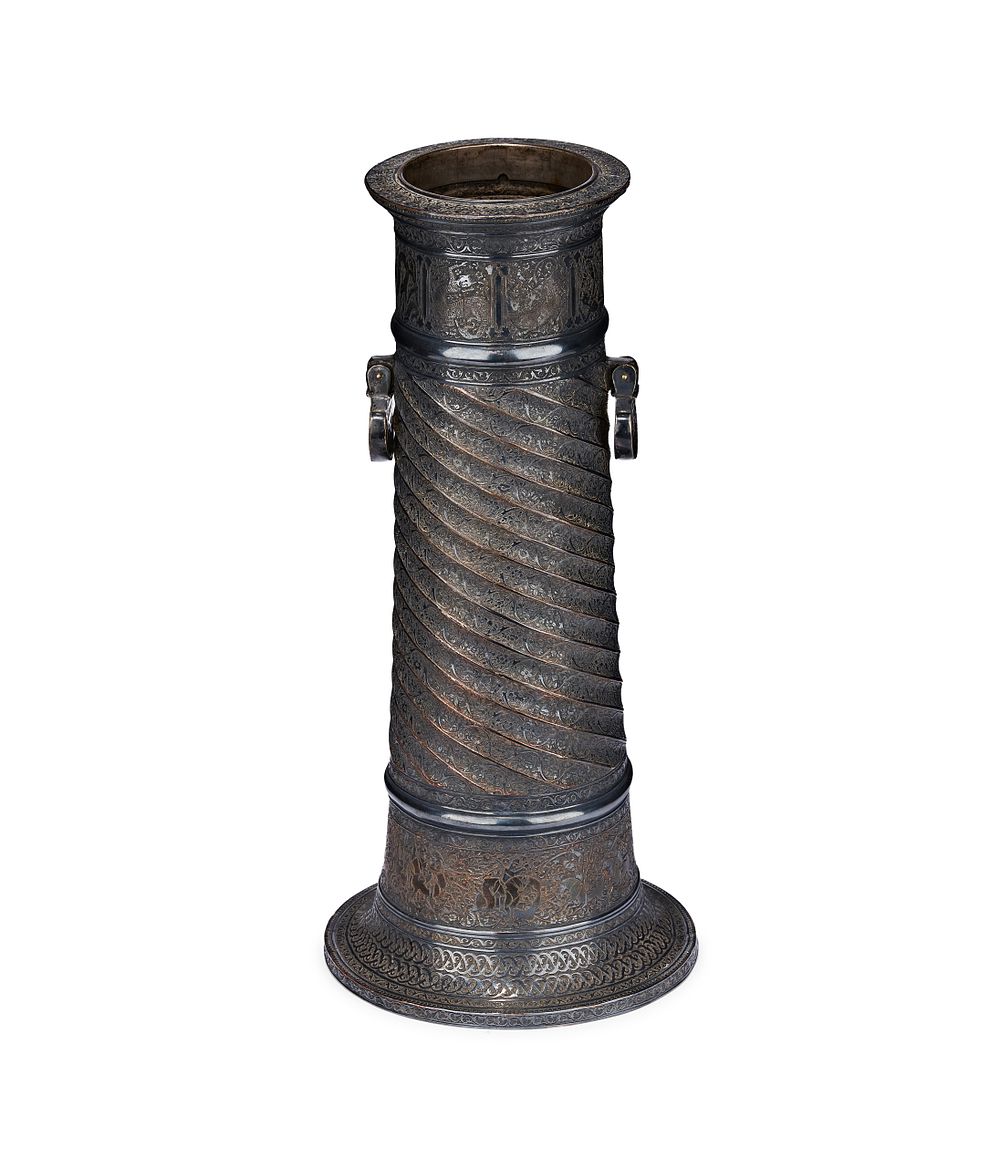 Lot 253: A LARGE ZAND BRASS TORCH STAND (SHAMDAN), PERSIA, 19TH CENTURY