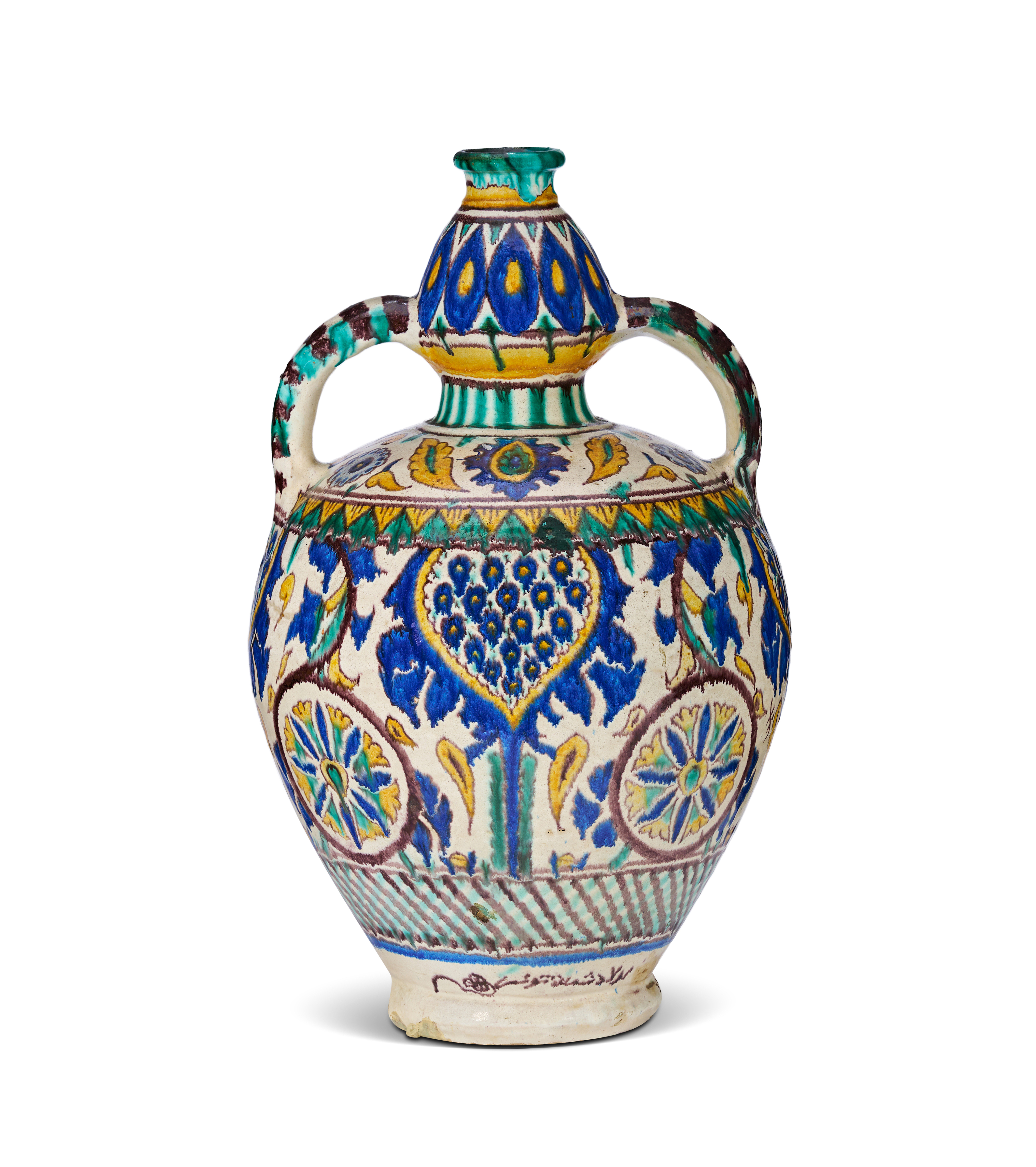 A LARGE POLYCHROME PAINTED TUNISIAN CHEMLA TWIN HANDLED POTTERY JAR, 20TH CENTURY