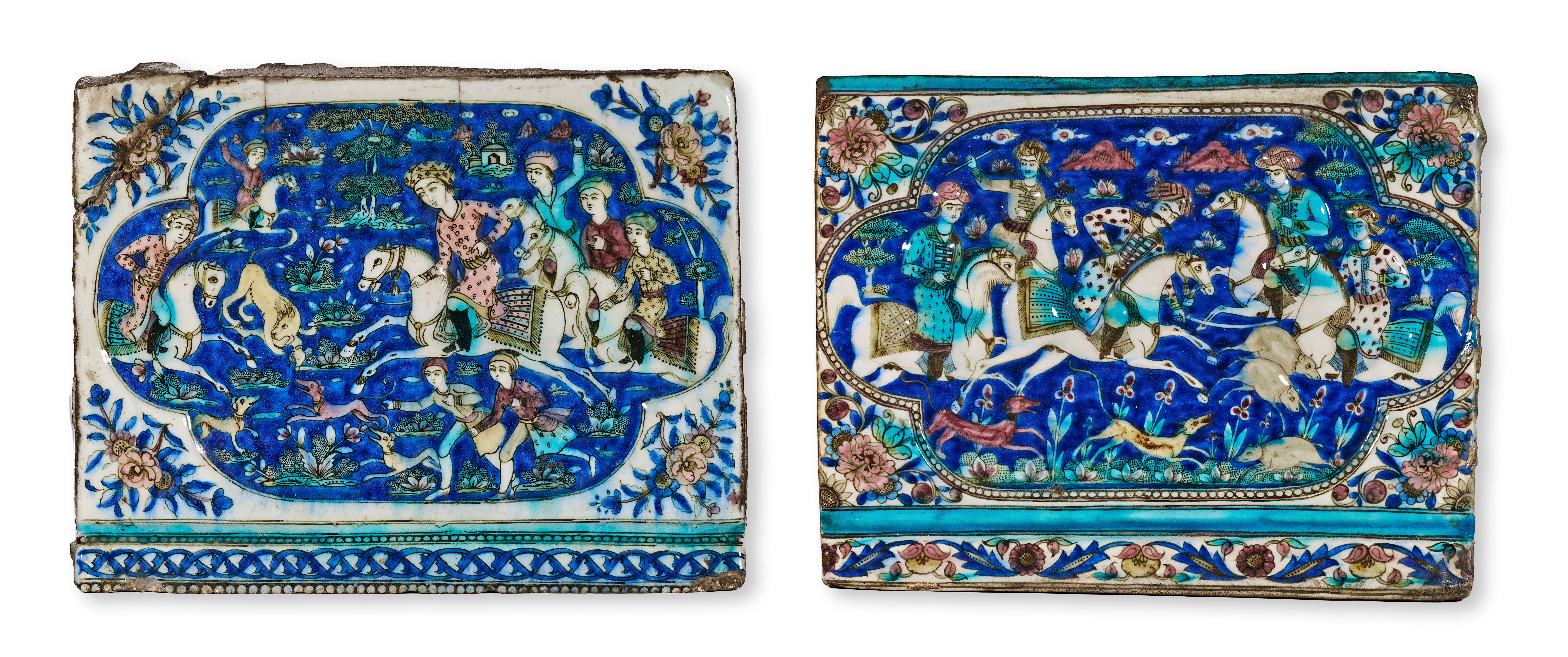 TWO PERSIAN QAJAR MOULDED POLYCHROME POTTERY TILES, 19TH CENTURY