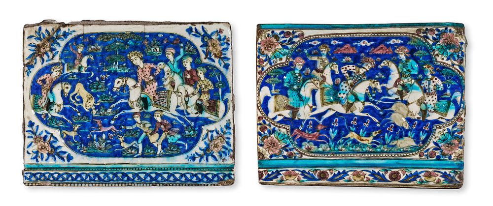 Lot 208: TWO PERSIAN QAJAR MOULDED POLYCHROME POTTERY TILES, 19TH CENTURY