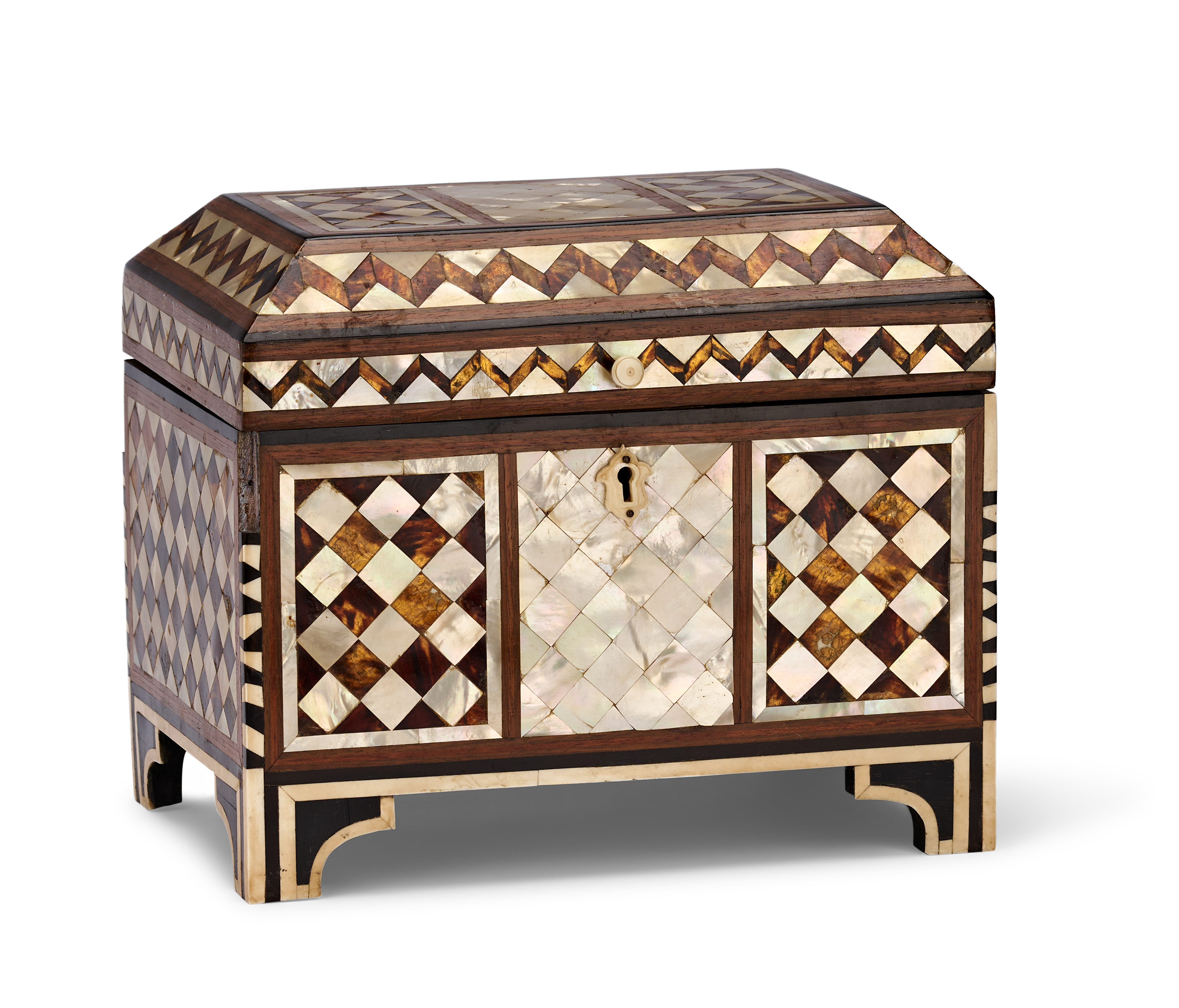 A TURKISH OTTOMAN STYLE MOTHER-OF-PEARL AND TORTOISESHELL INLAID CASKET, 20TH CENTURY
