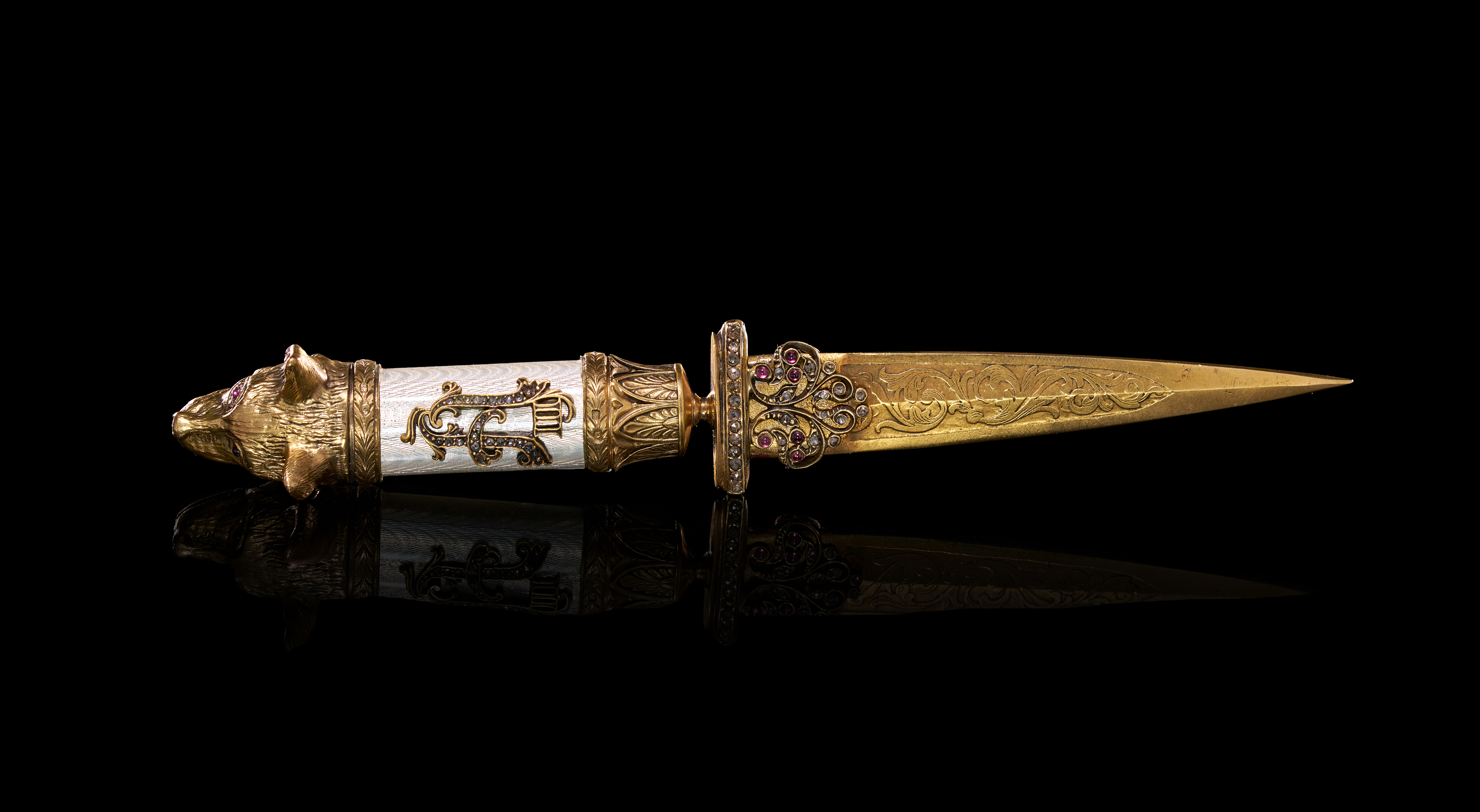 A JEWELLED GILT AND GUILLOCHE ENAMELLED CEREMONIAL DAGGER IN THE RUSSIAN IMPERIAL STYLE, 19TH CENTURY