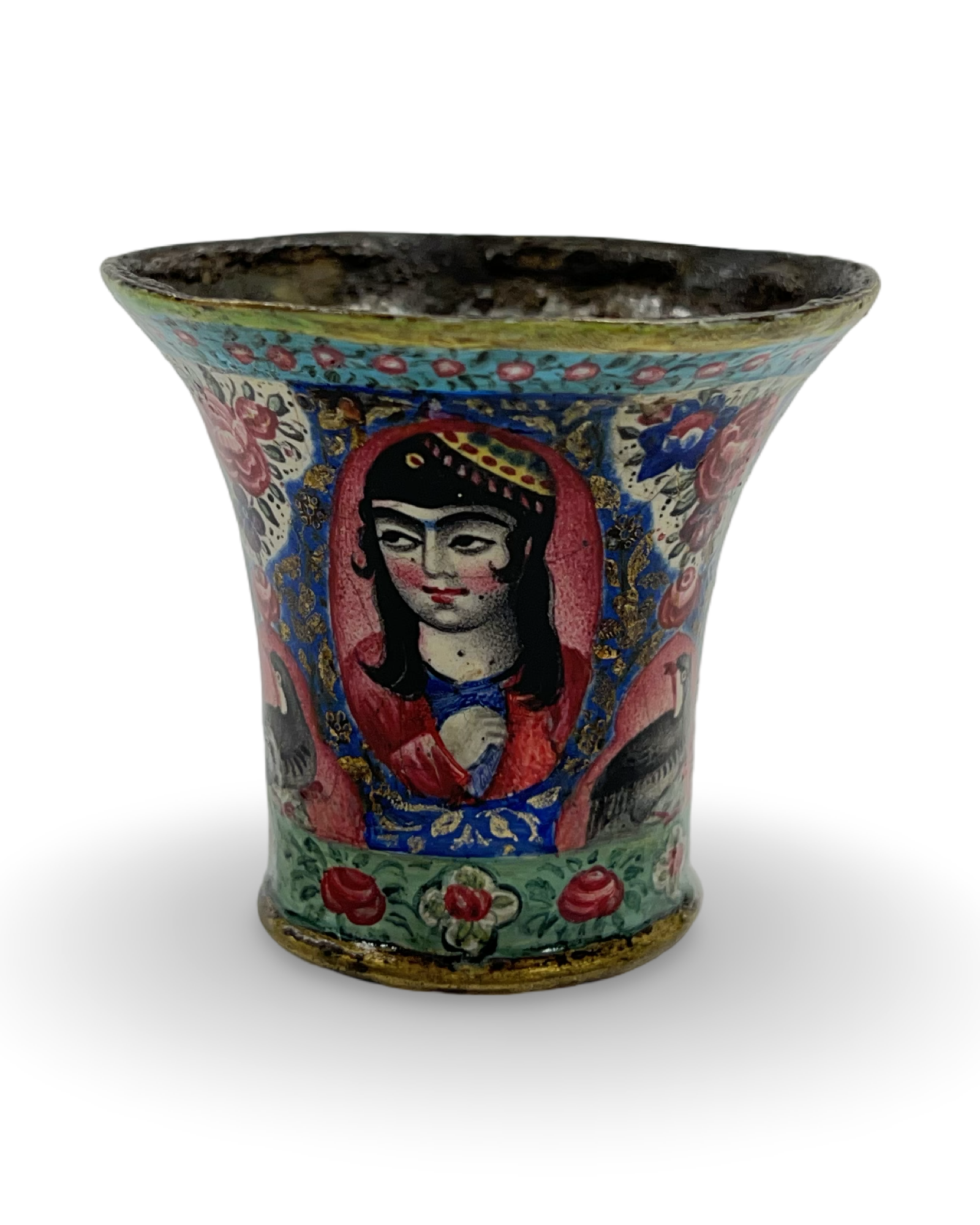A QAJAR POLYCHROME-PAINTED ENAMELLED COPPER QALYAN CUP, PERSIA, 19TH CENTURY
