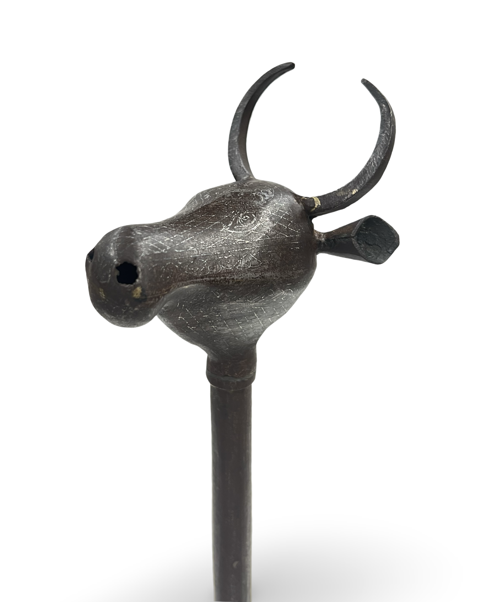 A PERSIAN QAJAR SILVER INLAID STEEL BULL-HEADED CEREMONIAL MACE (GORZ), 19TH CENTURY