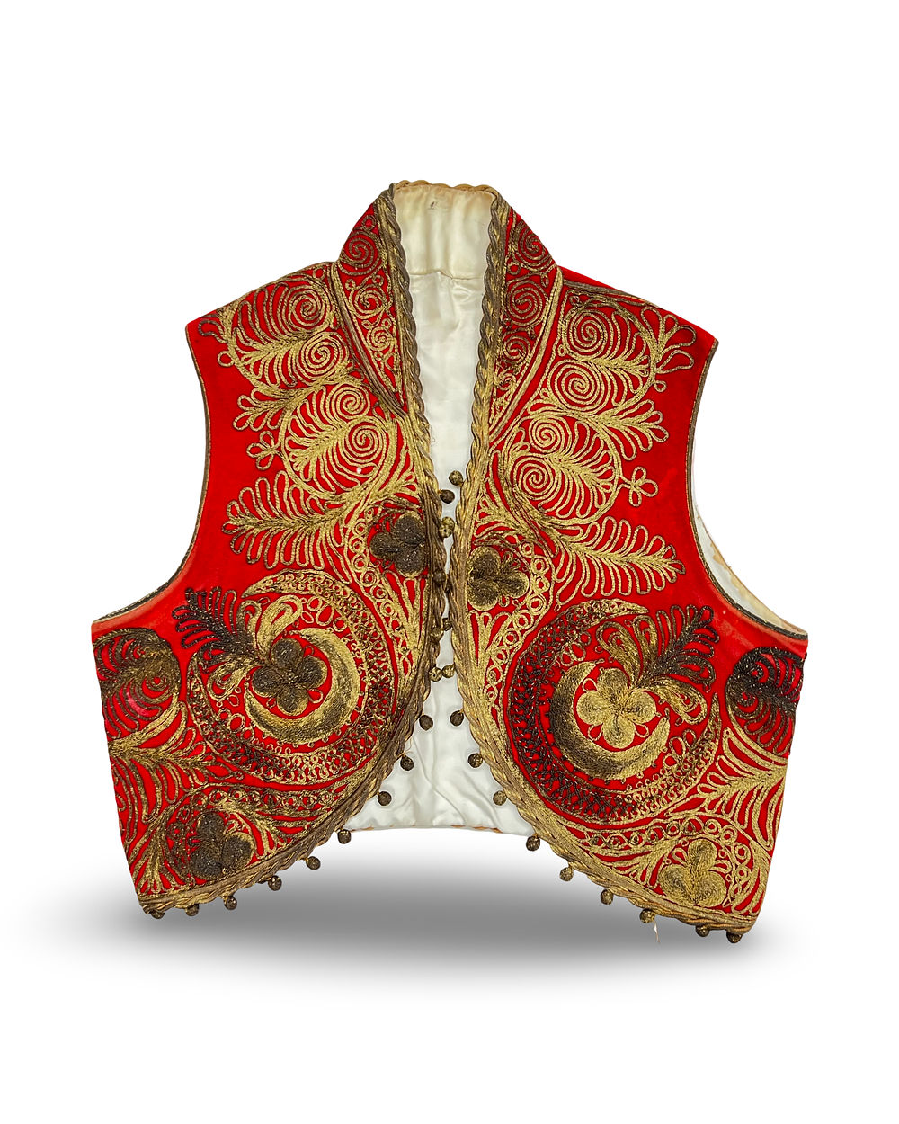 Lot 321: AN OTTOMAN BALKAN GOLD-THREAD EMBROIDERED RED VELVET JELEK, LATE 19TH OR EARLY 20TH CENTURY