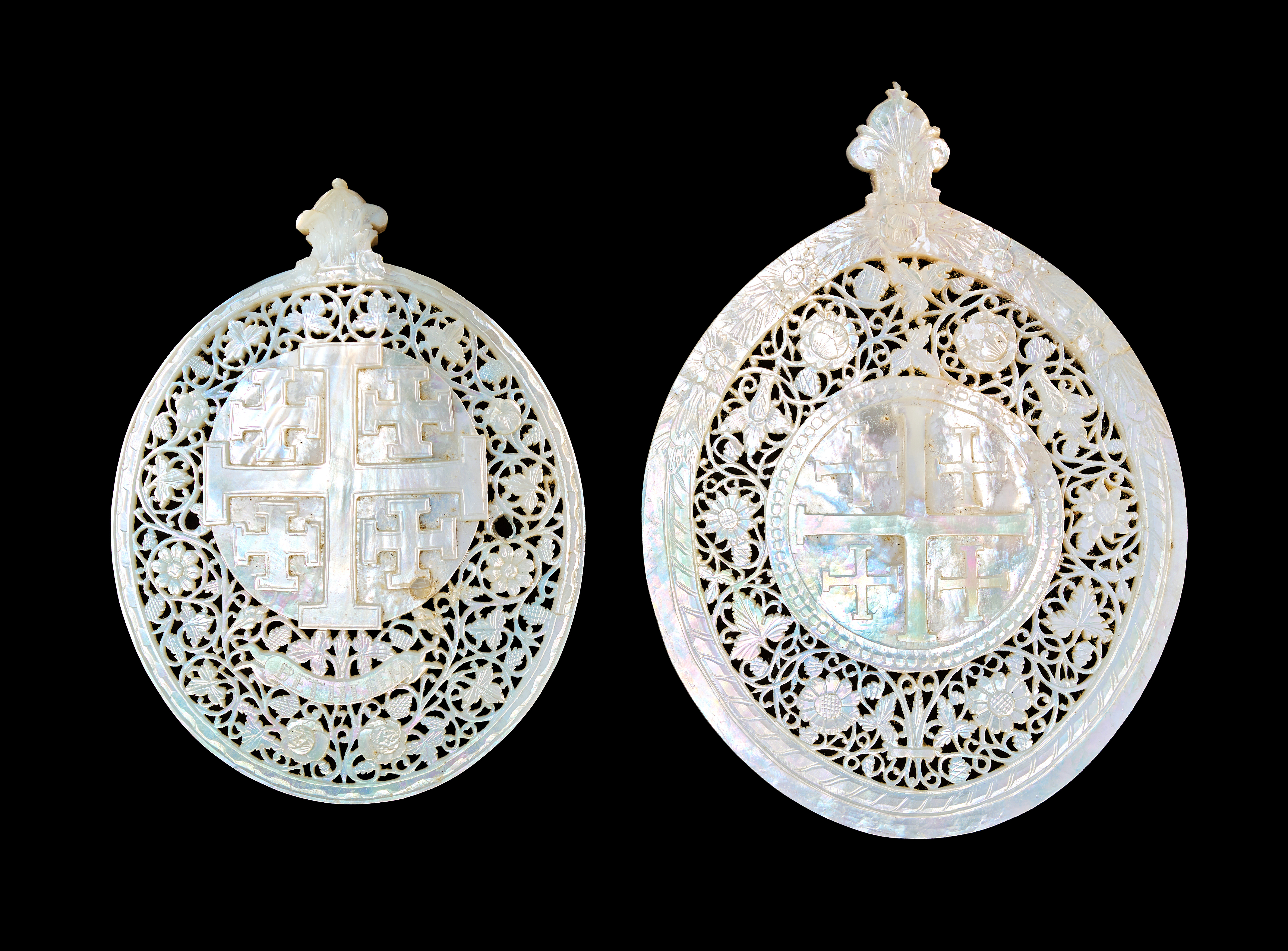 A PAIR OF CARVED MOTHER-OF-PEARL JERUSALEM CROSS PLAQUES, BETHLEHEM, 19TH CENTURY