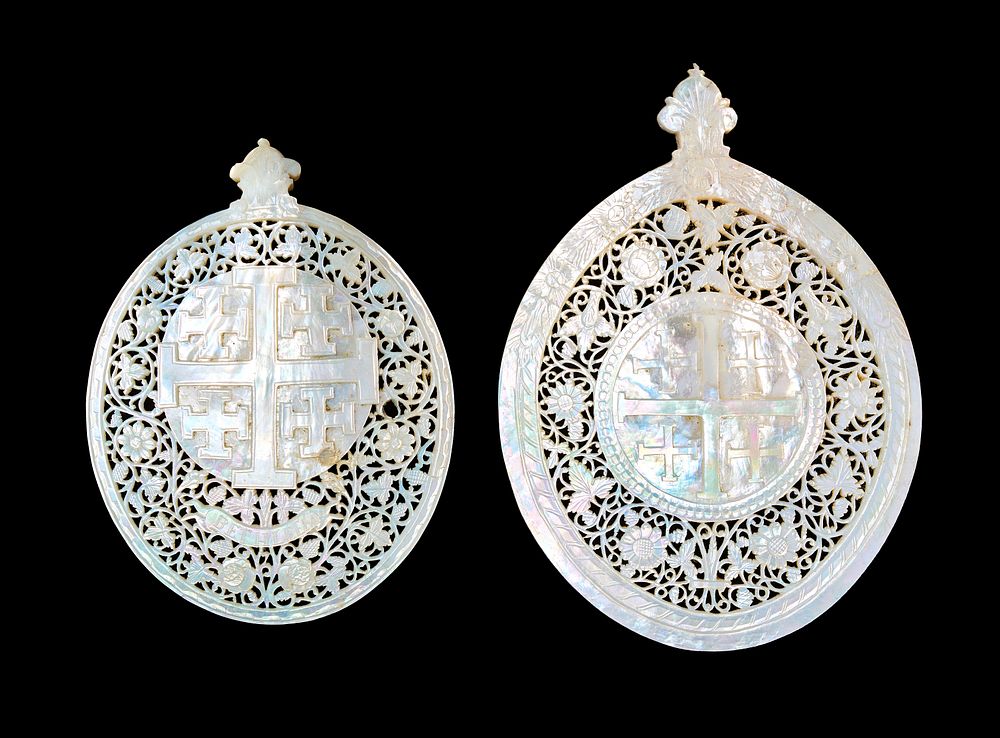 Lot 205: A PAIR OF CARVED MOTHER-OF-PEARL JERUSALEM CROSS PLAQUES, BETHLEHEM, 19TH CENTURY