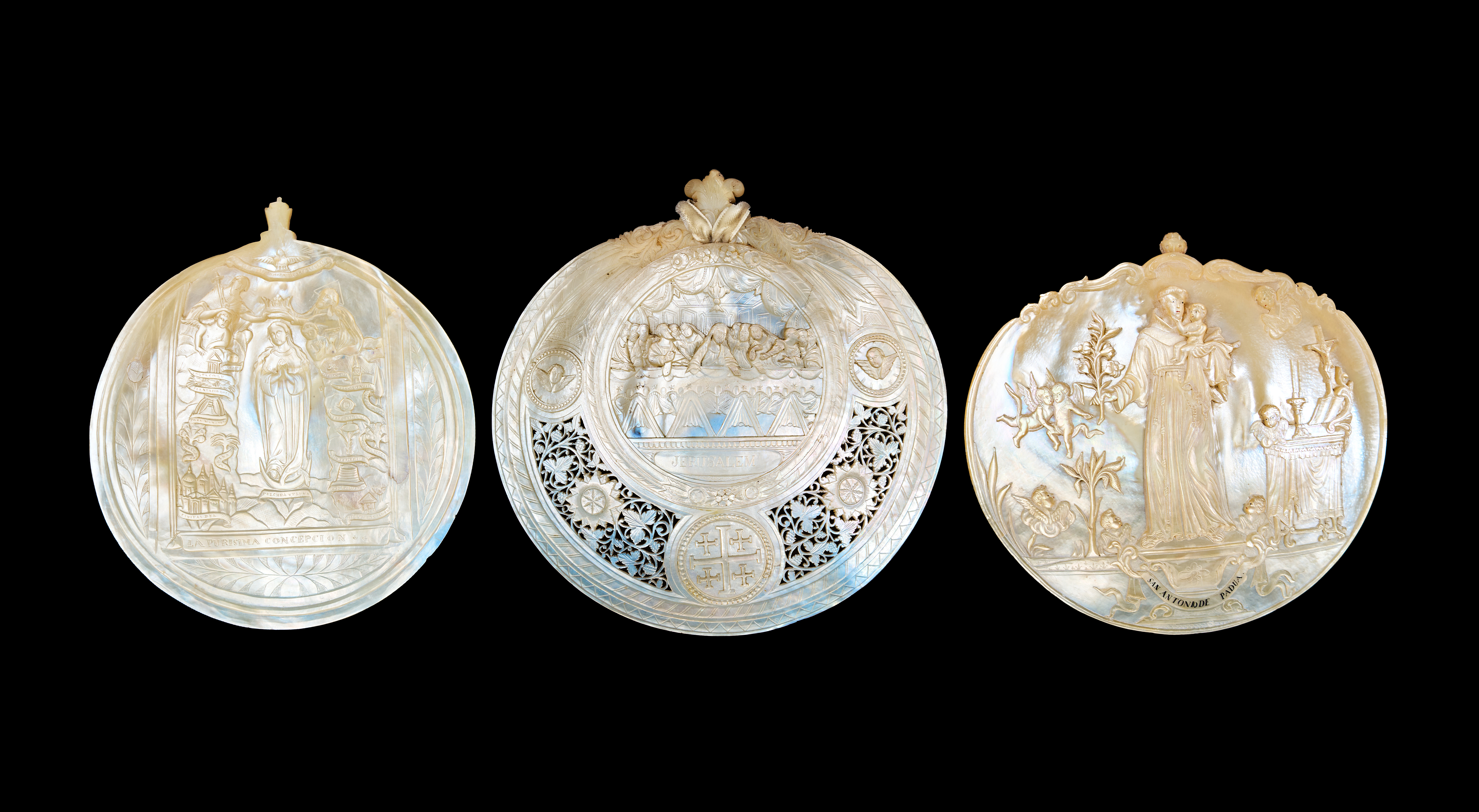 A TRIO OF LARGE CARVED MOTHER-OF-PEARL DEVOTIONAL SHELL PLAQUES, BETHLEHEM, 19TH CENTURY