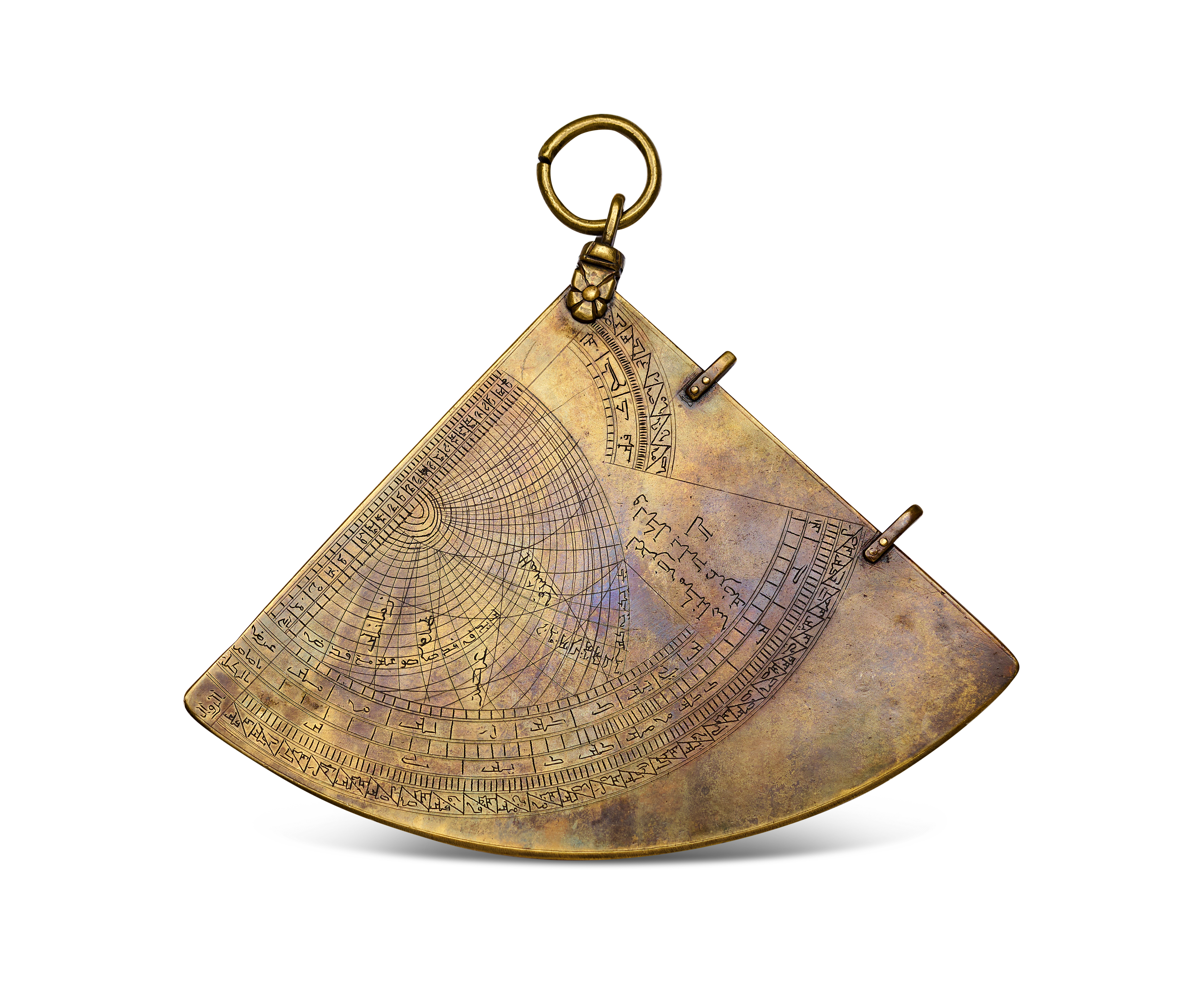 A MOROCCAN ENGRAVED BRASS SINE AND HORARY QUADRANT RUB AL-MUJAYYAB