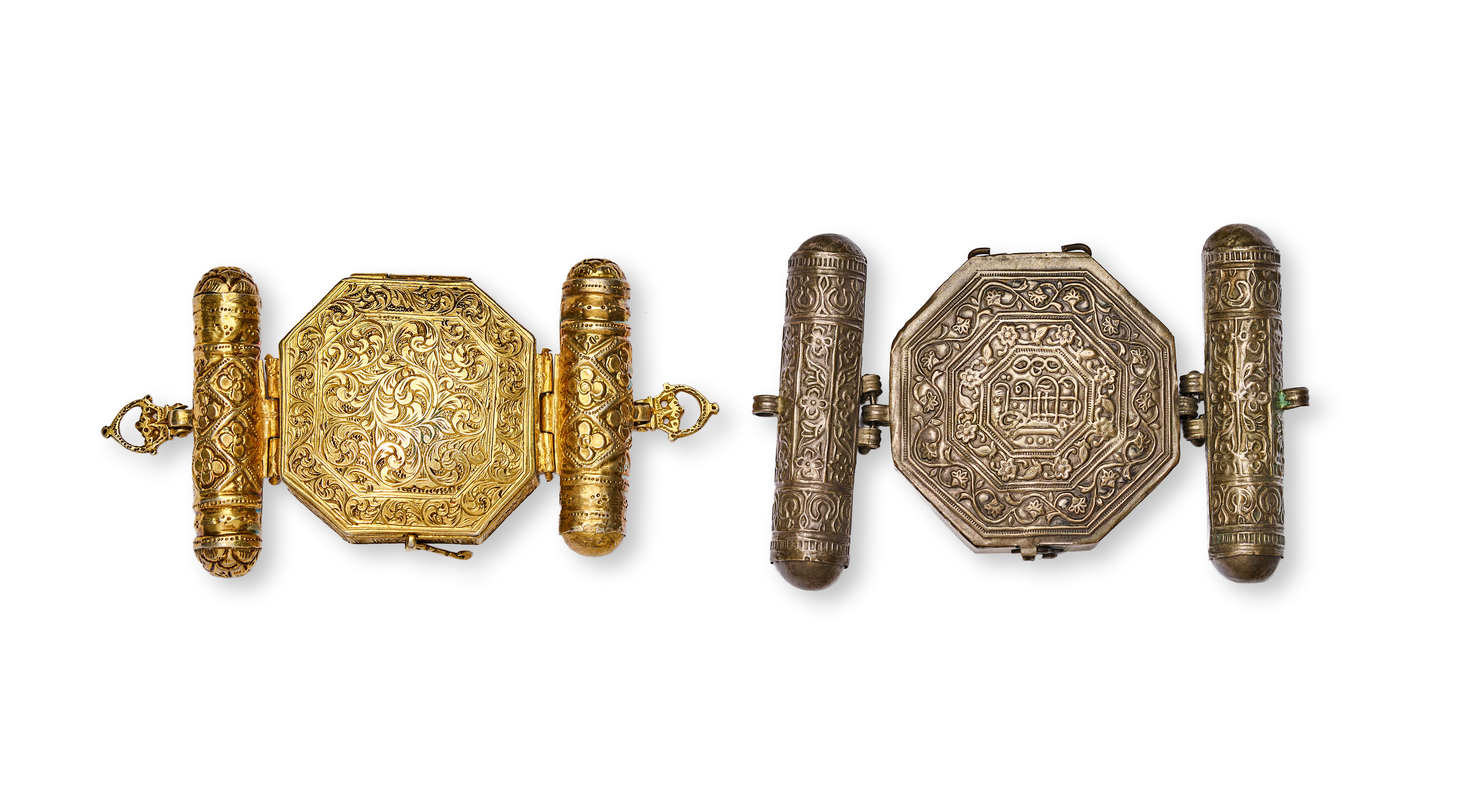 TWO SILVER AND SILVER-GILT ENGRAVED TALISMANIC OCTAGONAL AMULET CASES BAZUBAND, 19TH CENTURY