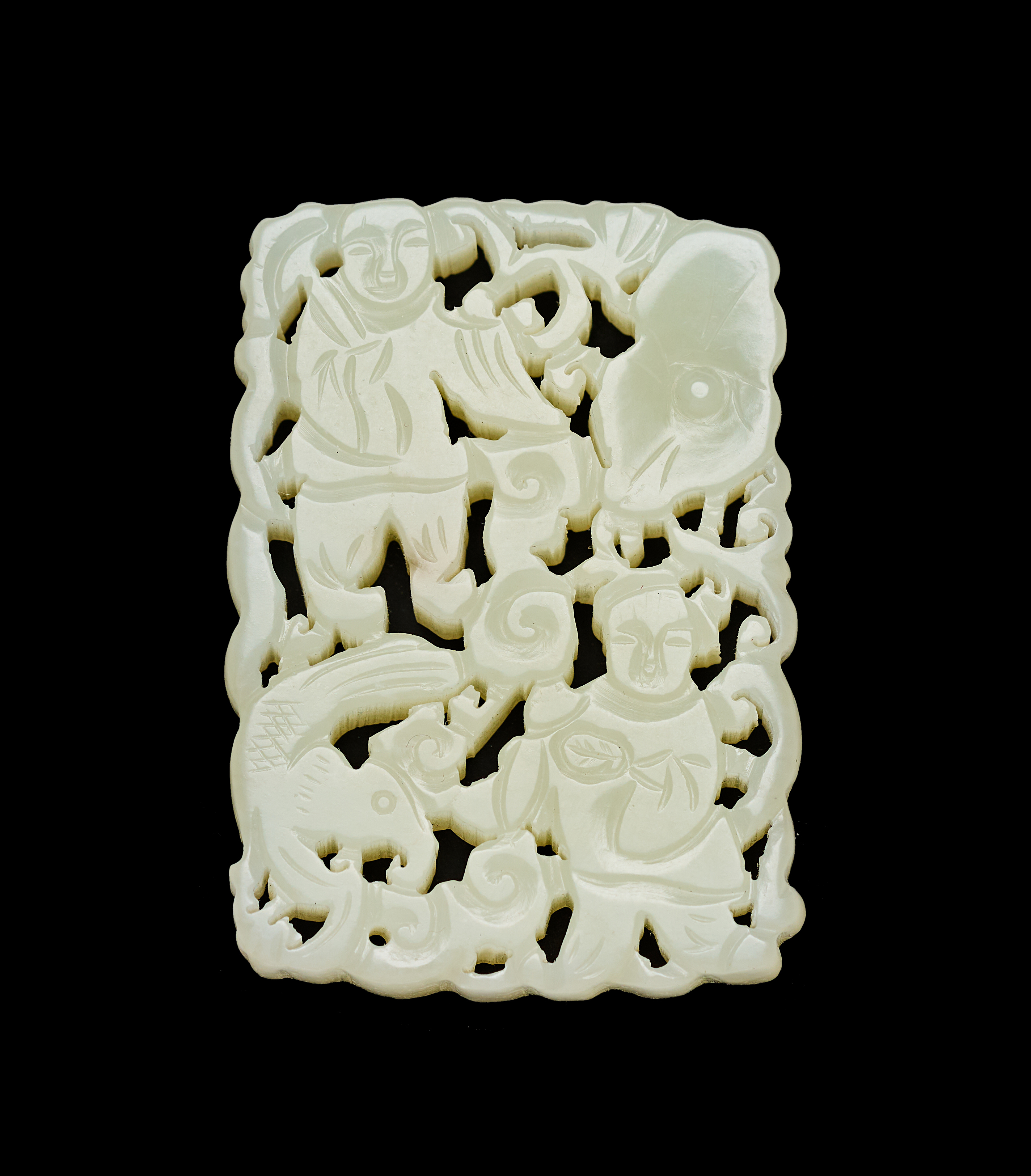 A CHINESE CARVED PALE CELADON JADE OPENWORK PLAQUE DEPICTING HE-HE ER XIAN AND A CARP