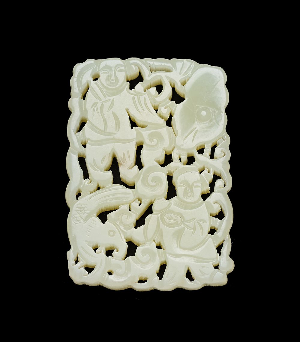 Lot 322: A CHINESE CARVED PALE CELADON JADE OPENWORK PLAQUE DEPICTING HE-HE ER XIAN AND A CARP
