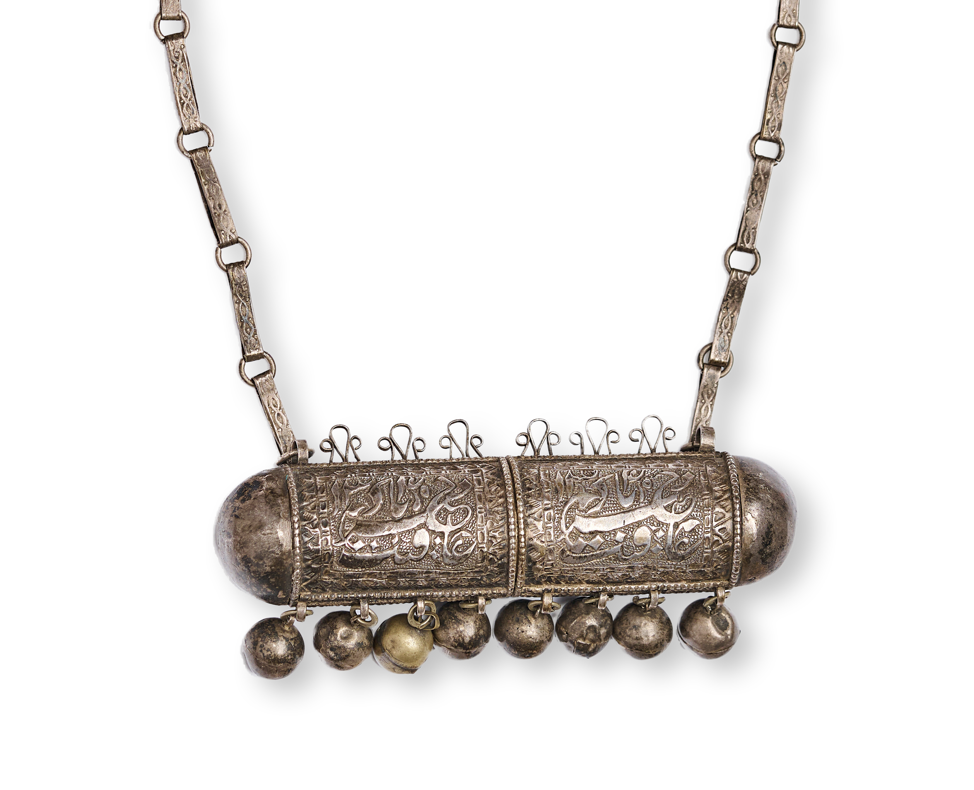 A LARGE PERSIAN SILVER AMULET CASE WITH ORIGINAL CHAIN, QAJAR, 19TH CENTURY