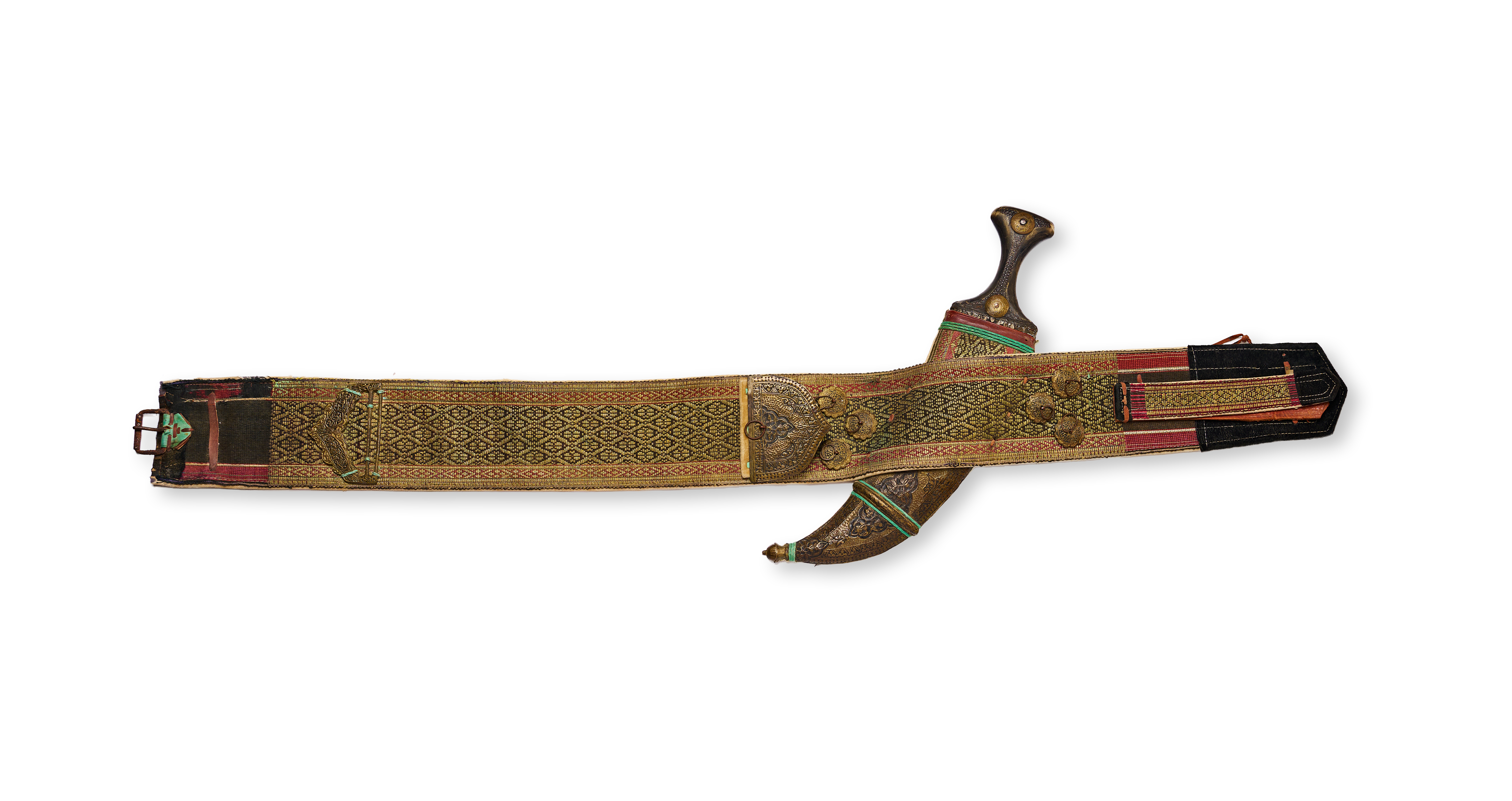 A MIDDLE EASTERN JAMBIYA DAGGER AND EMBROIDERED CEREMONIAL BELT, LATE 19TH CENTURY