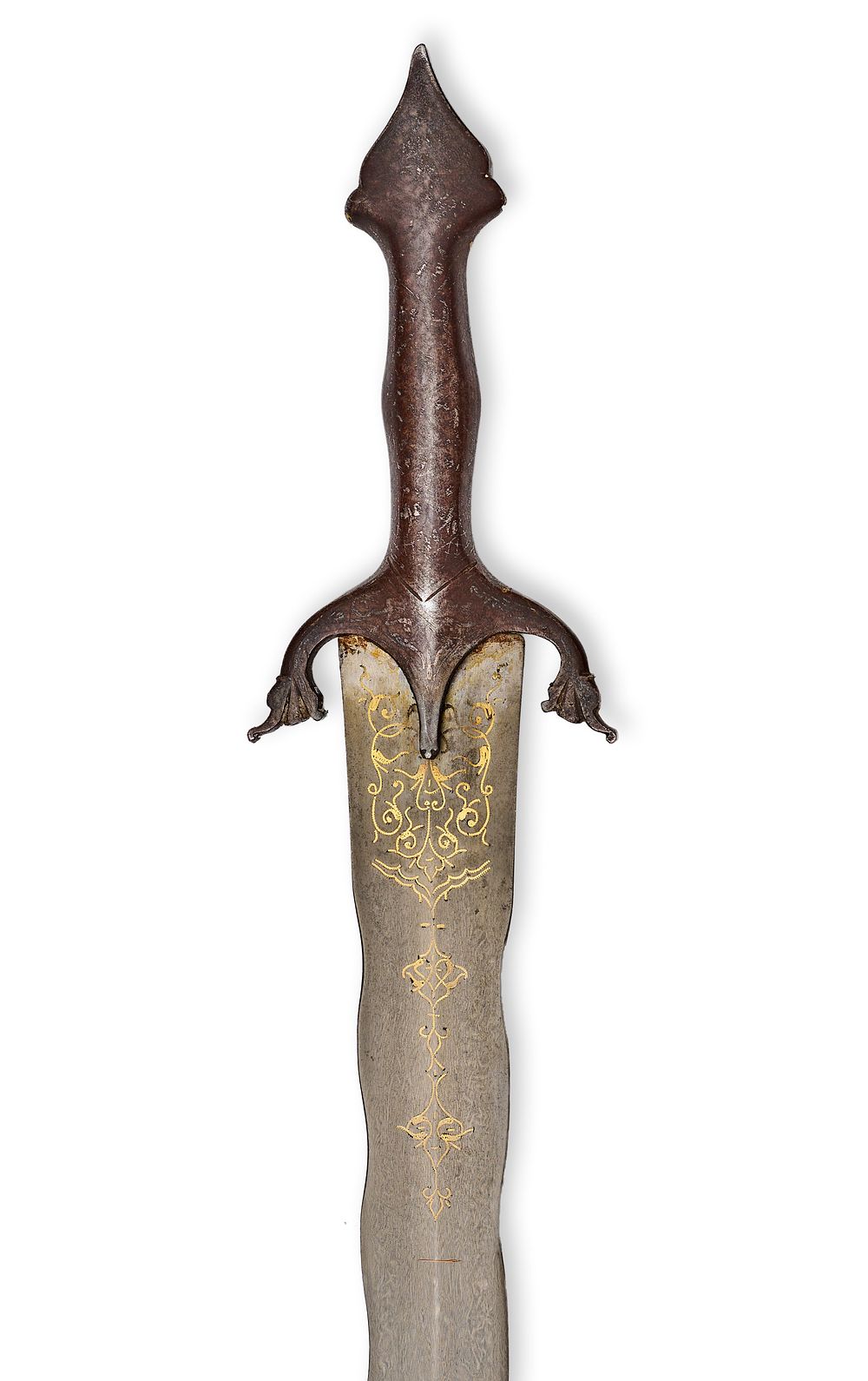 Lot 179: A STRAIGHT PERSIAN SWORD WITH GOLD INLAID & WATERED STEEL BLADE, QAJAR, 19TH CENTURY