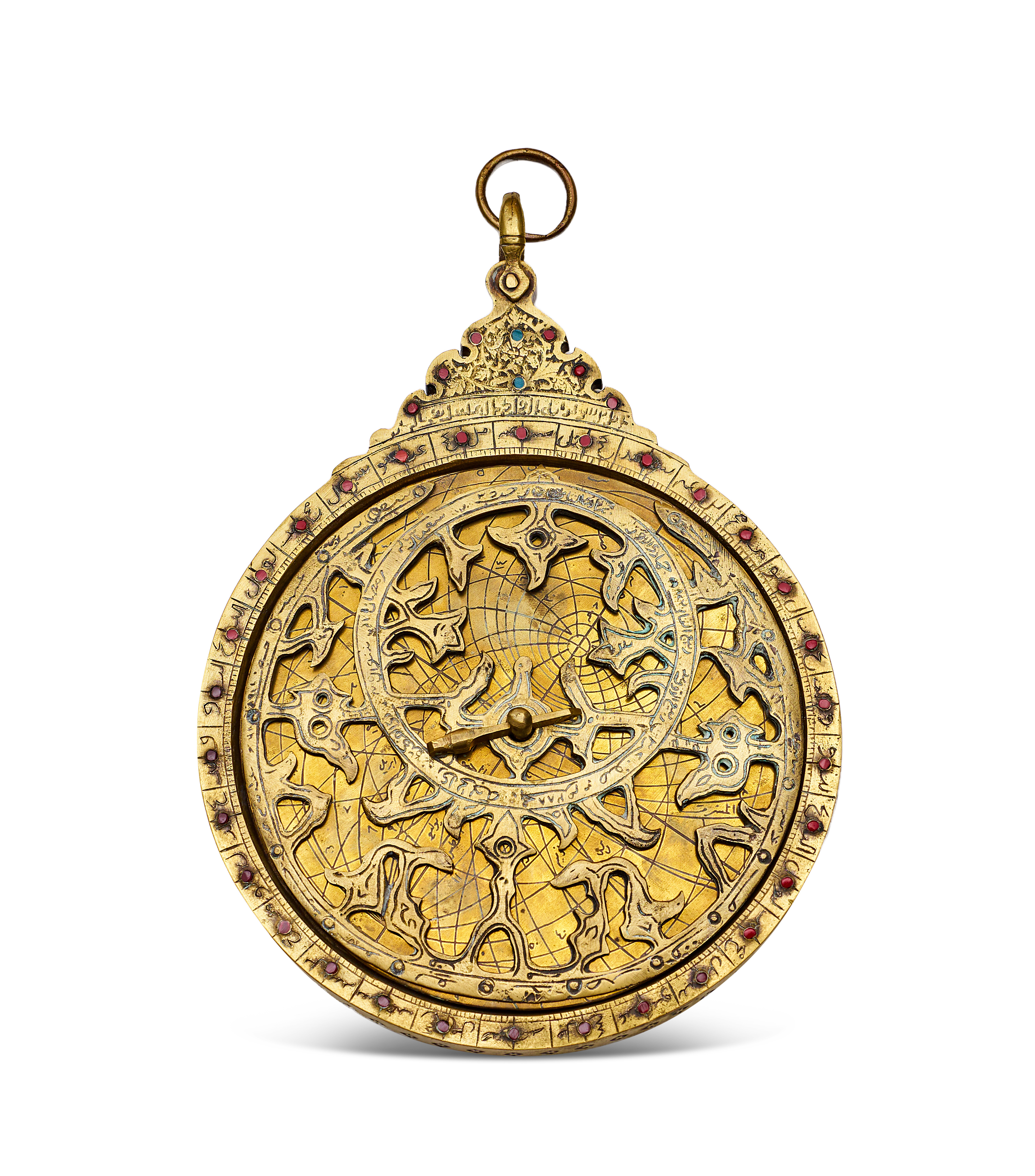 A PERSIAN GEM-SET BRASS PLANISPHERIC ASTROLABE, 19TH CENTURY