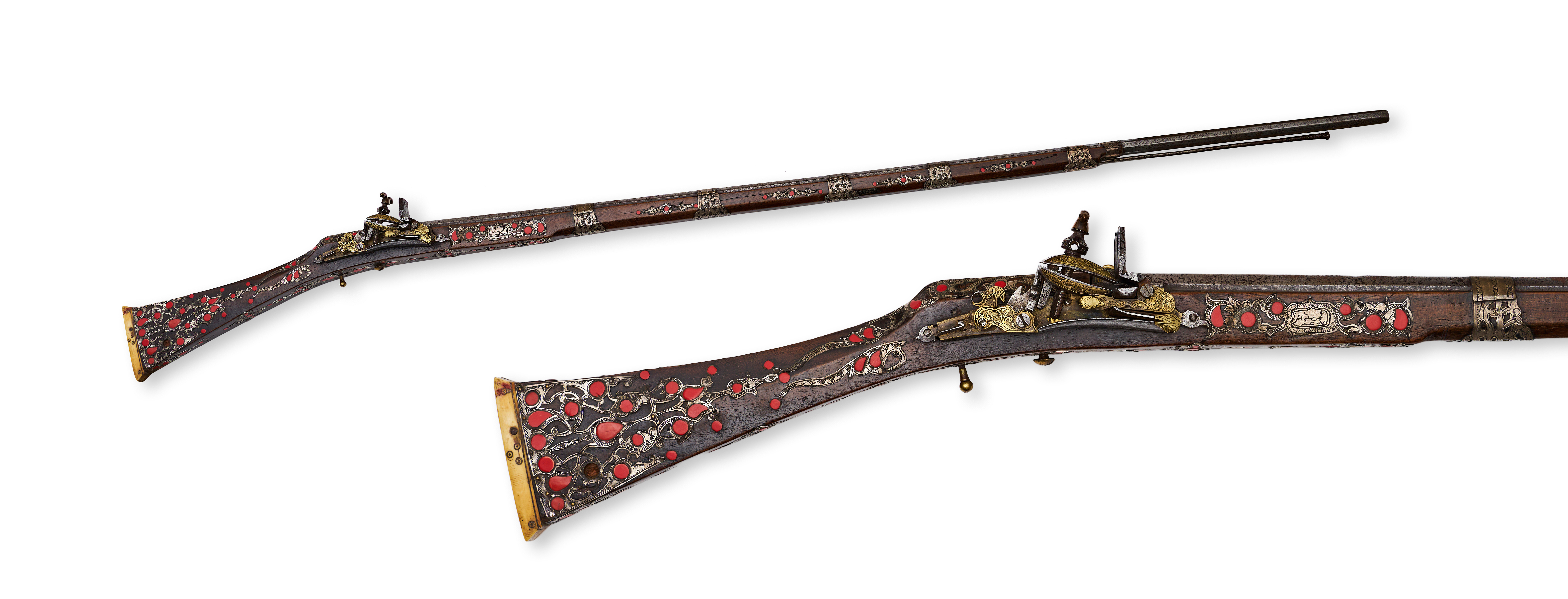AN OTTOMAN ALGERIAN SILVER FILIGREE AND CORAL INLAID MIQUELET-LOCK LONG RIFLE (BOYLIYA), 19TH CENTURY