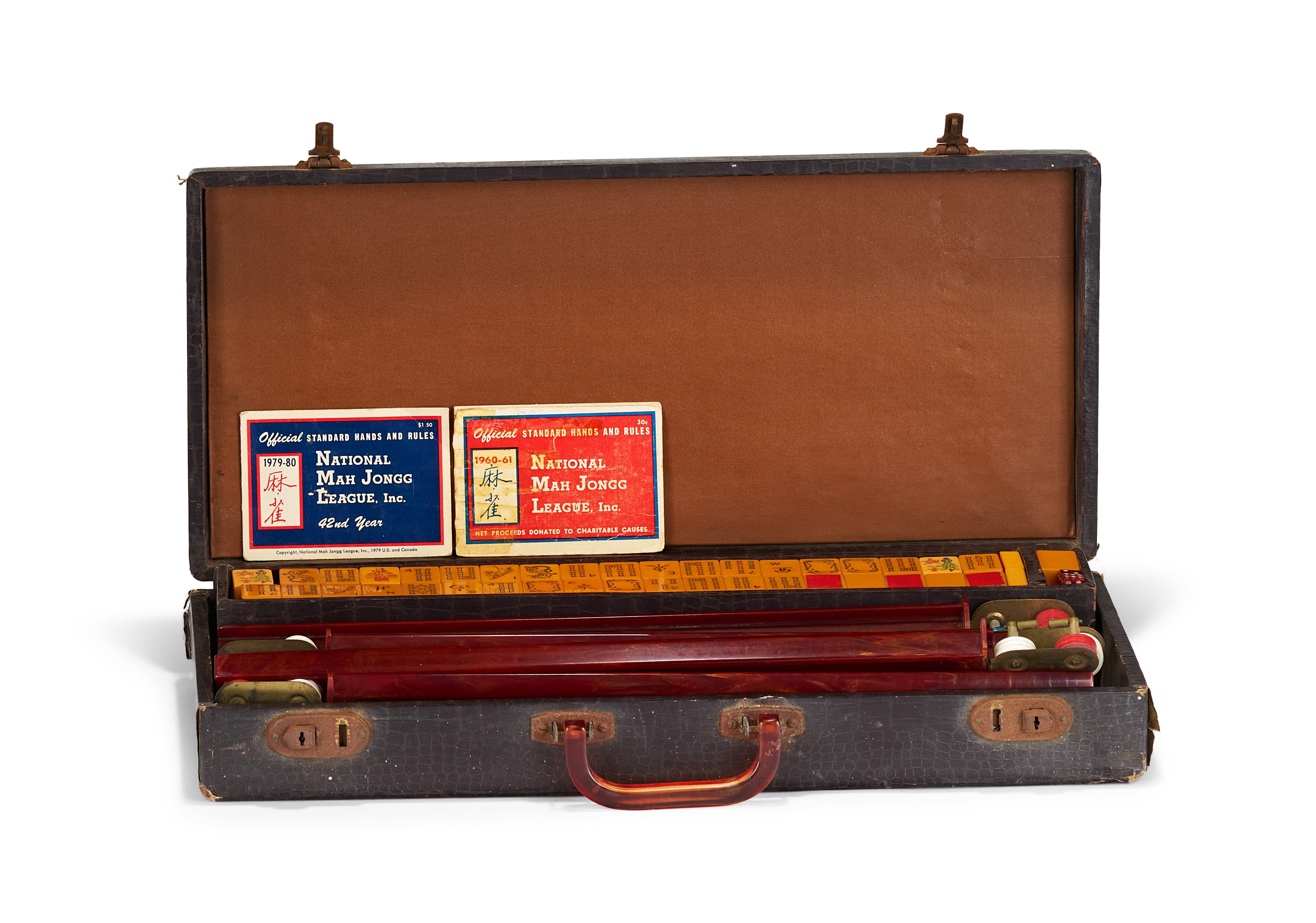 A VINTAGE MID-CENTURY AMERICAN MAH JONGG SET IN A FAUX-CROCODILE CARRYING CASE