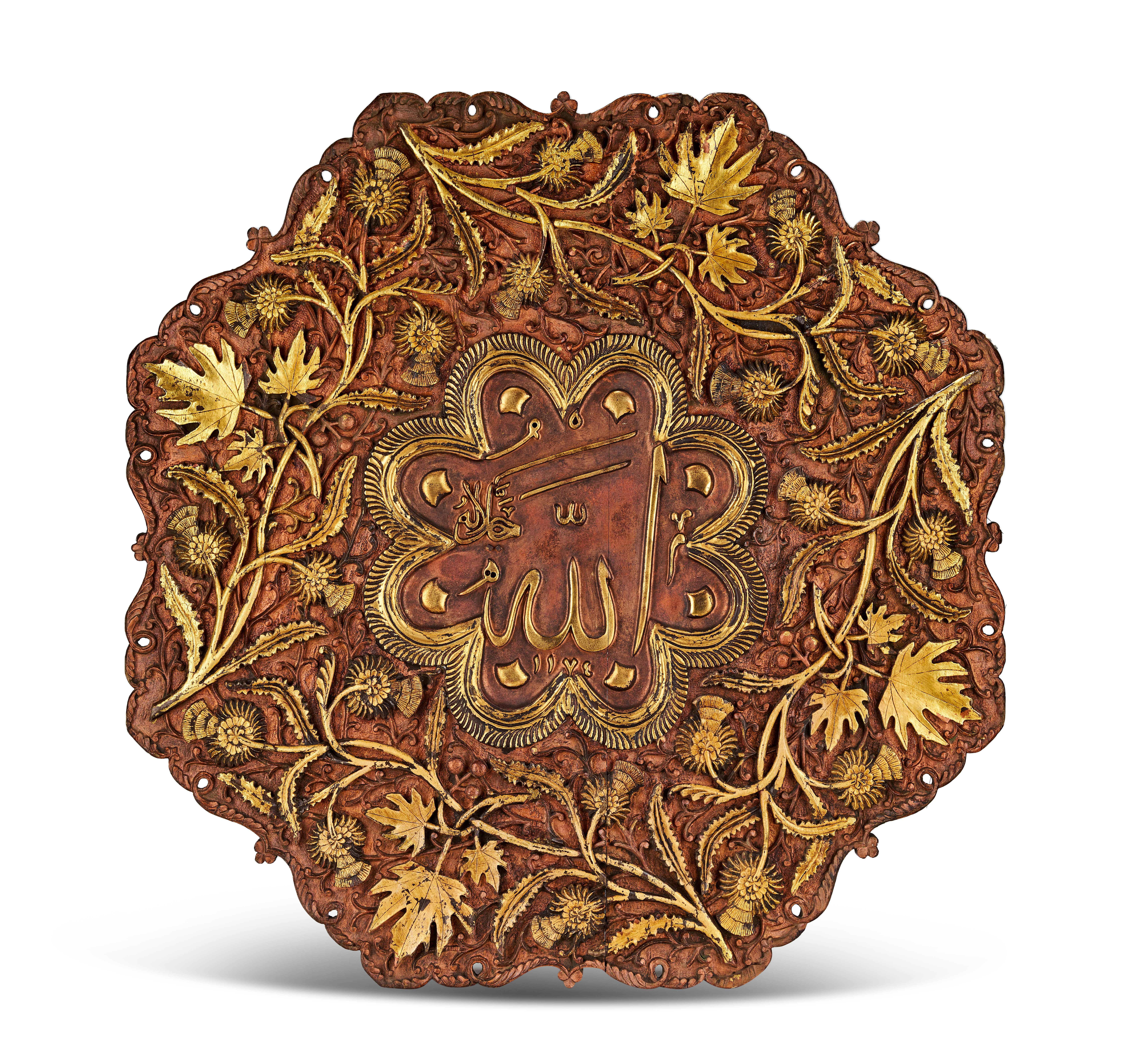 A TURKISH PARCEL-GILT AND CARVED HARDWOOD WALL PLAQUE DATED 1174 AH (1760 A.D)