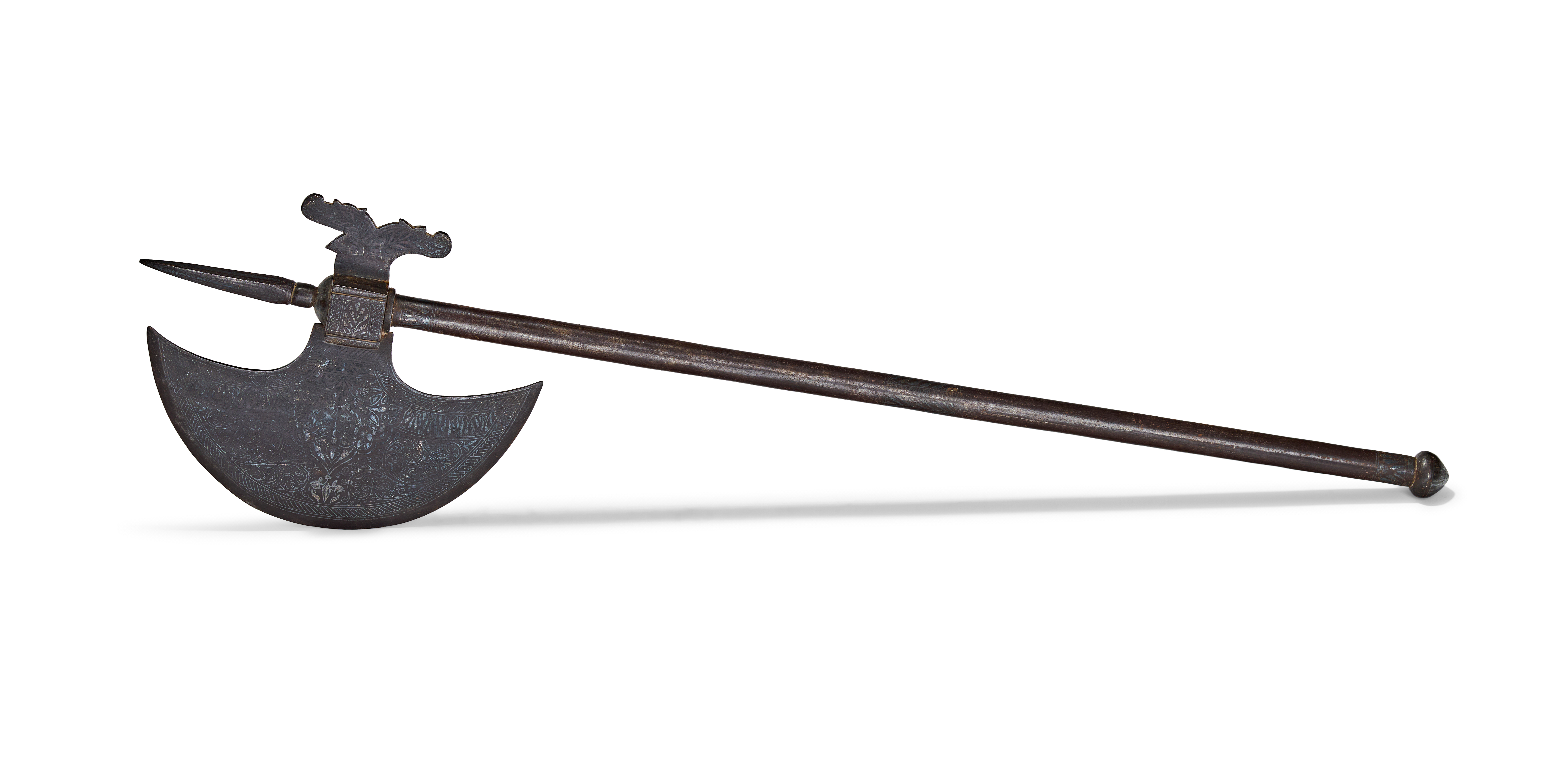 AN INDO-PERSIAN ETCHED STEEL BATTLE AXE TABARZIN, 19TH CENTURY