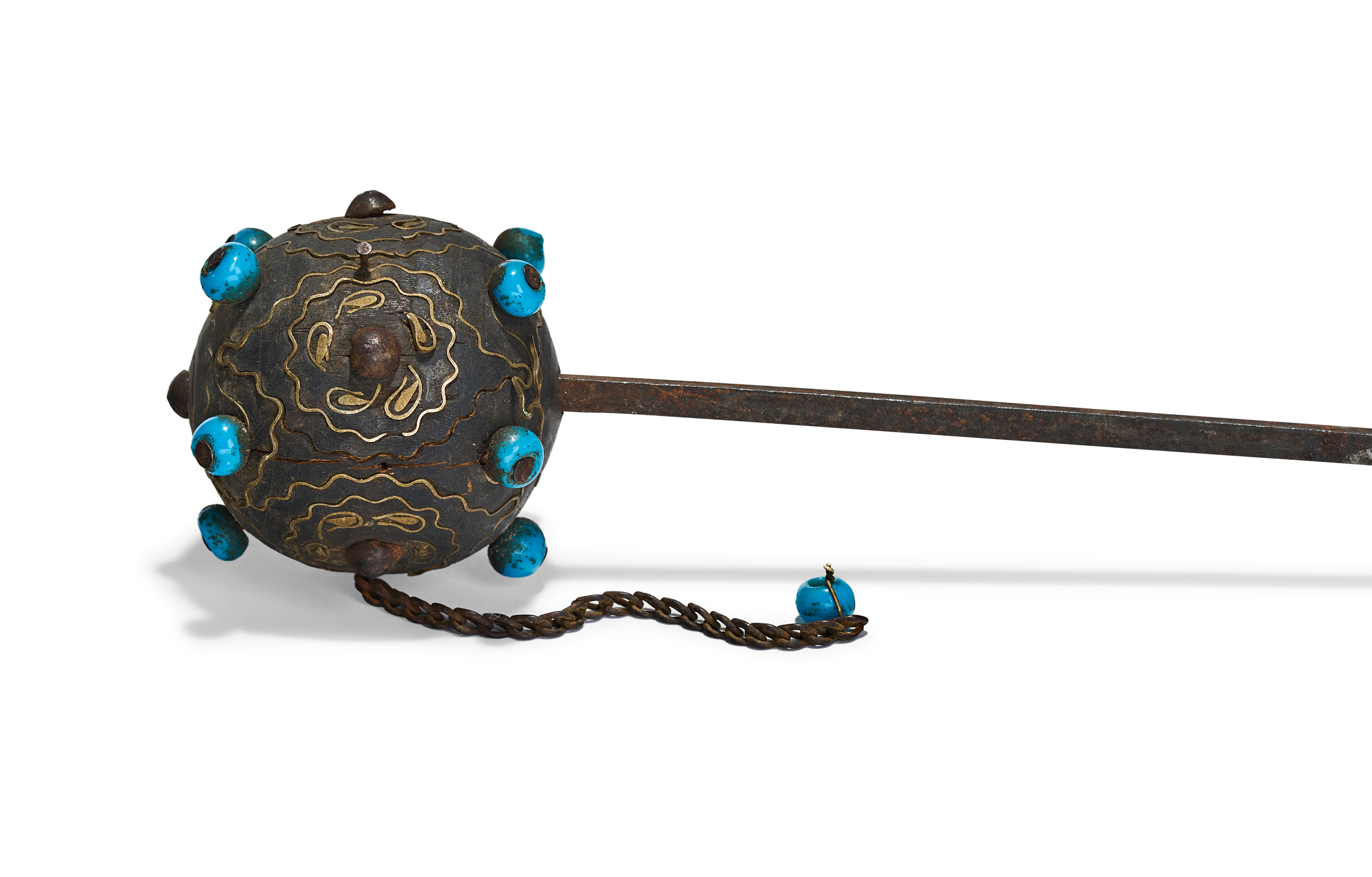 A RARE TURKISH OTTOMAN STEEL DERVISH SUFIS MACE/SPIKE WITH BRASS INLAY AND TURQUOISE, 19TH CENTURY