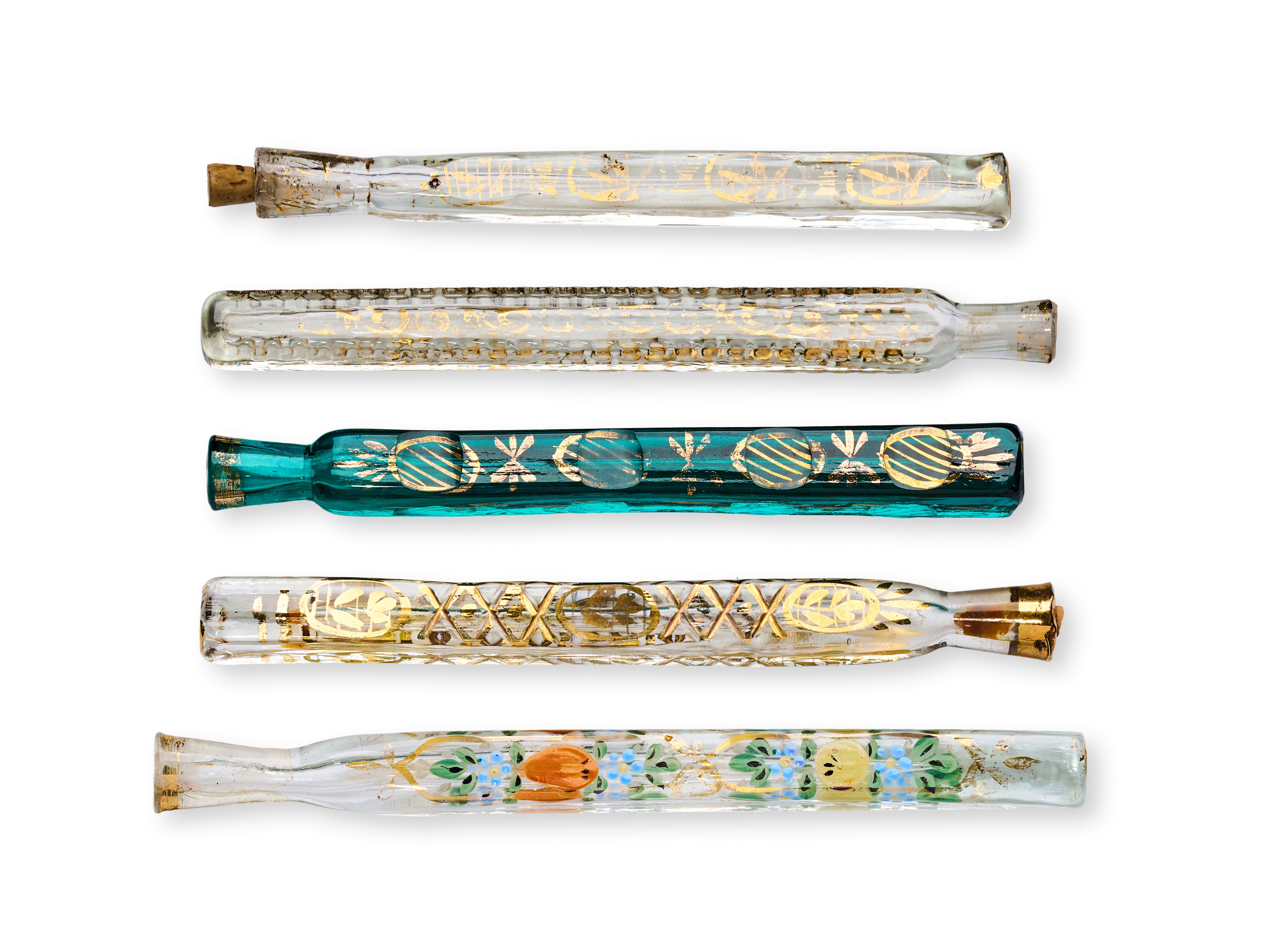 A COLLECTION OF FIVE OTTOMAN BEYKOZ GLASS SCENT VIALS, TURKEY, 19TH CENTURY