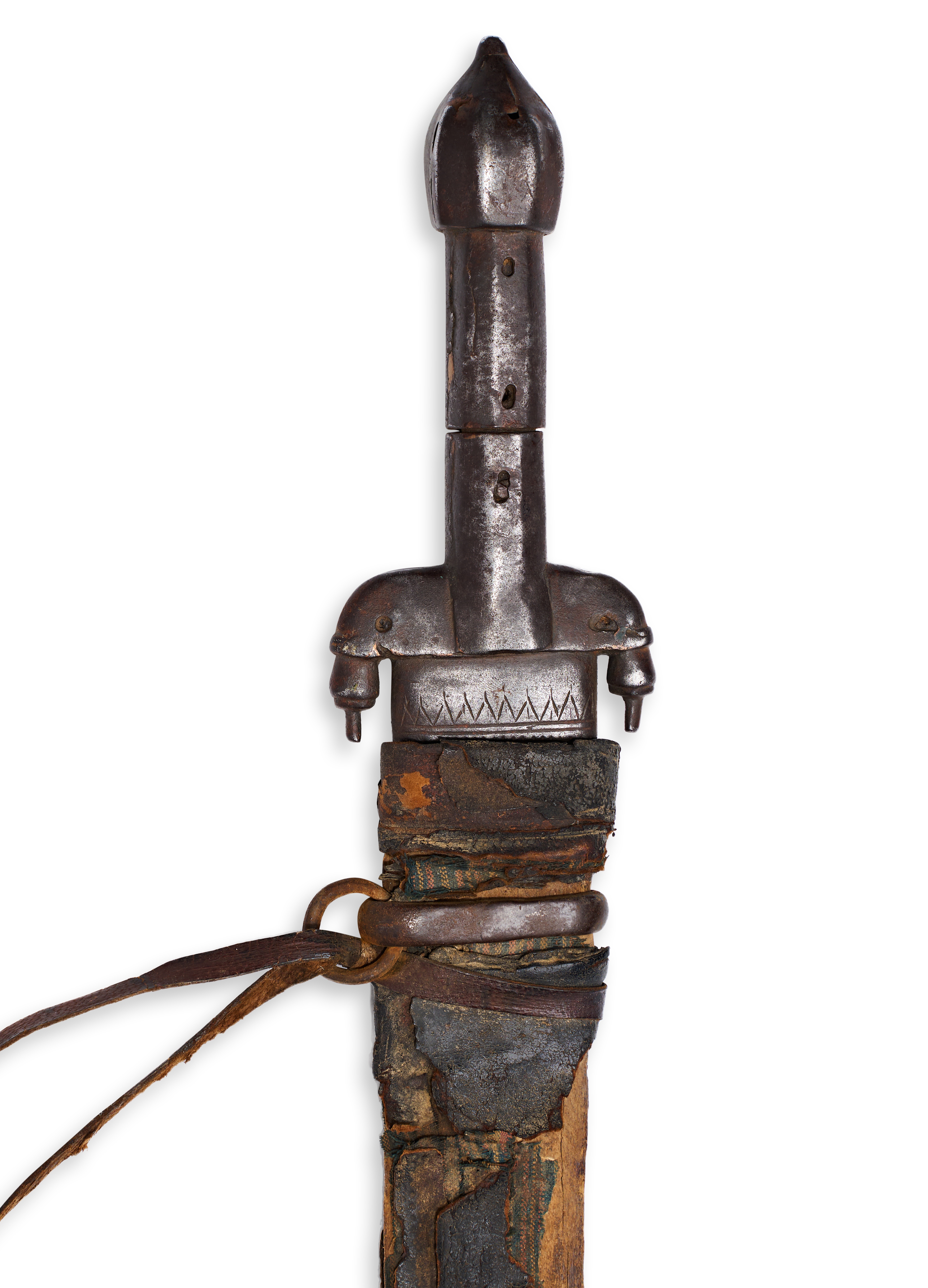 AN OMANI SWORD KATTARA WITH TOOLED LEATHER SCABBARD, 19TH CENTURY