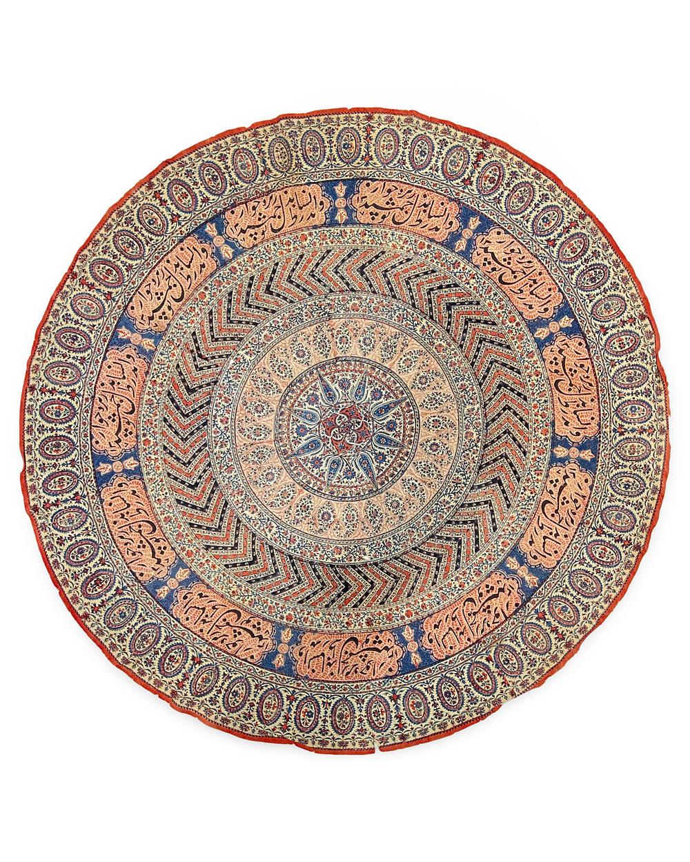 Lot 319: A PERSIAN QAJAR KALAMKARI COTTON CIRCULAR SOFREH TEXTILE, 19TH CENTURY