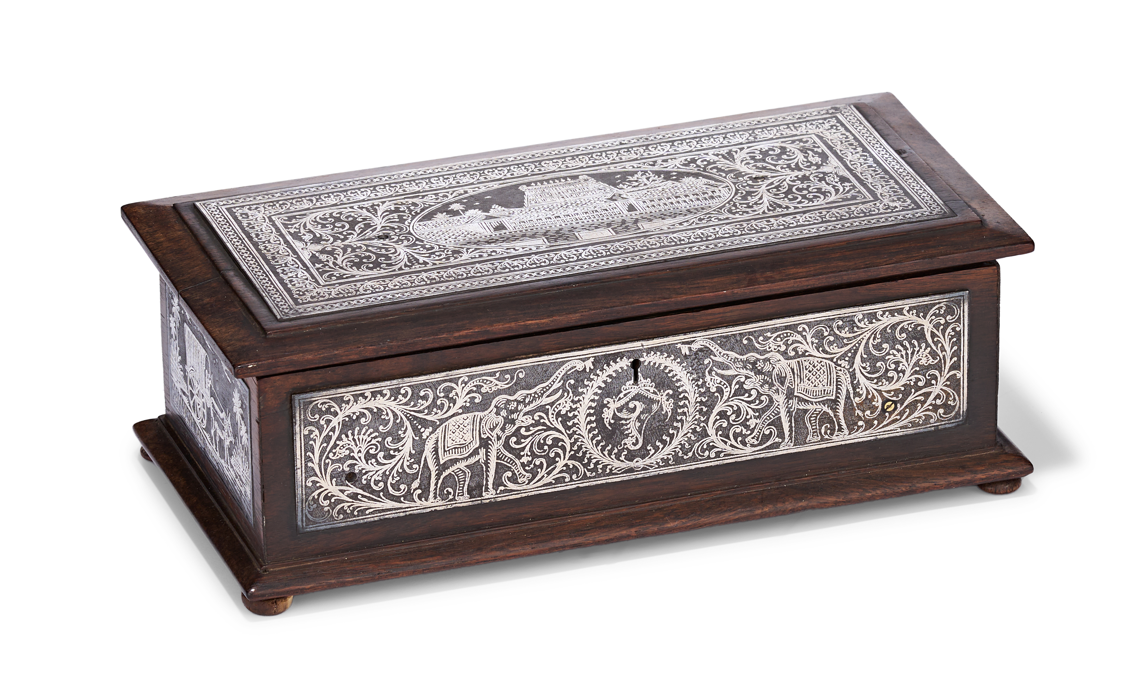 A SOUTH INDIAN SILVER-OVERLAID WOOD BOX, TRAVANCORE, LATE 19TH CENTURY