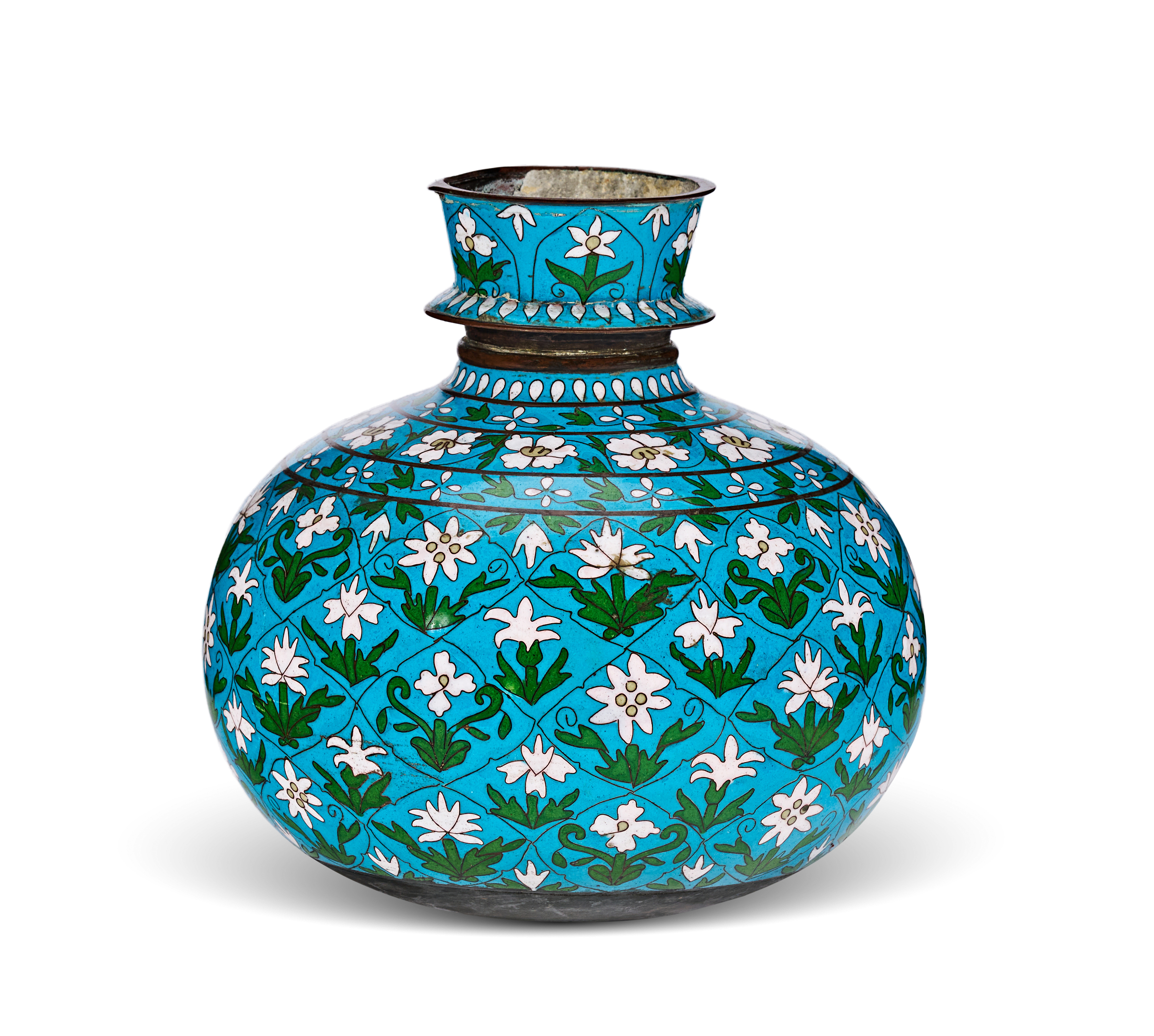 A NORTH INDIAN CLOISONNÉ ENAMELLED COPPER LOTA VESSEL, 20TH CENTURY