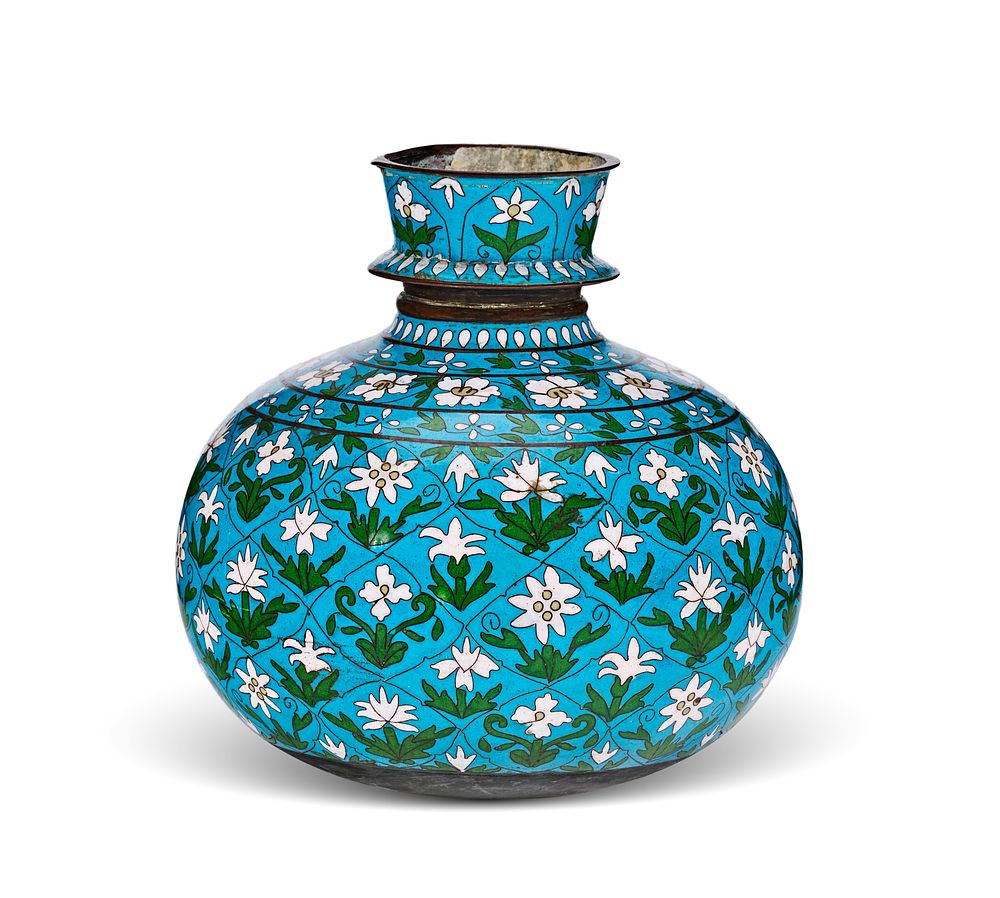 Lot 265: A NORTH INDIAN CLOISONNÉ ENAMELLED COPPER LOTA VESSEL, 20TH CENTURY