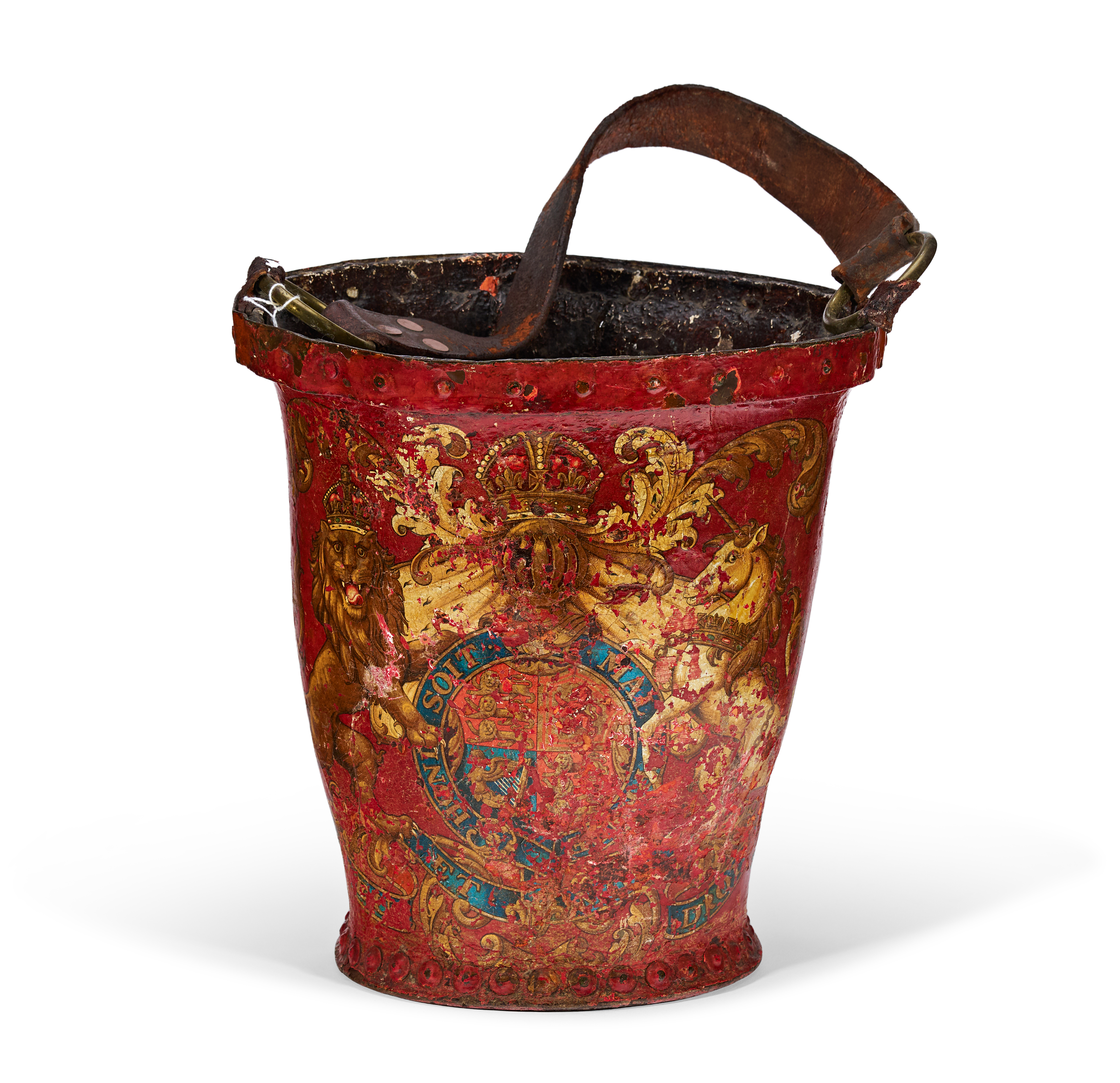 AN ENGLISH LEATHER FIRE BUCKET WITH ROYAL COAT OF ARMS, 19TH CENTURY