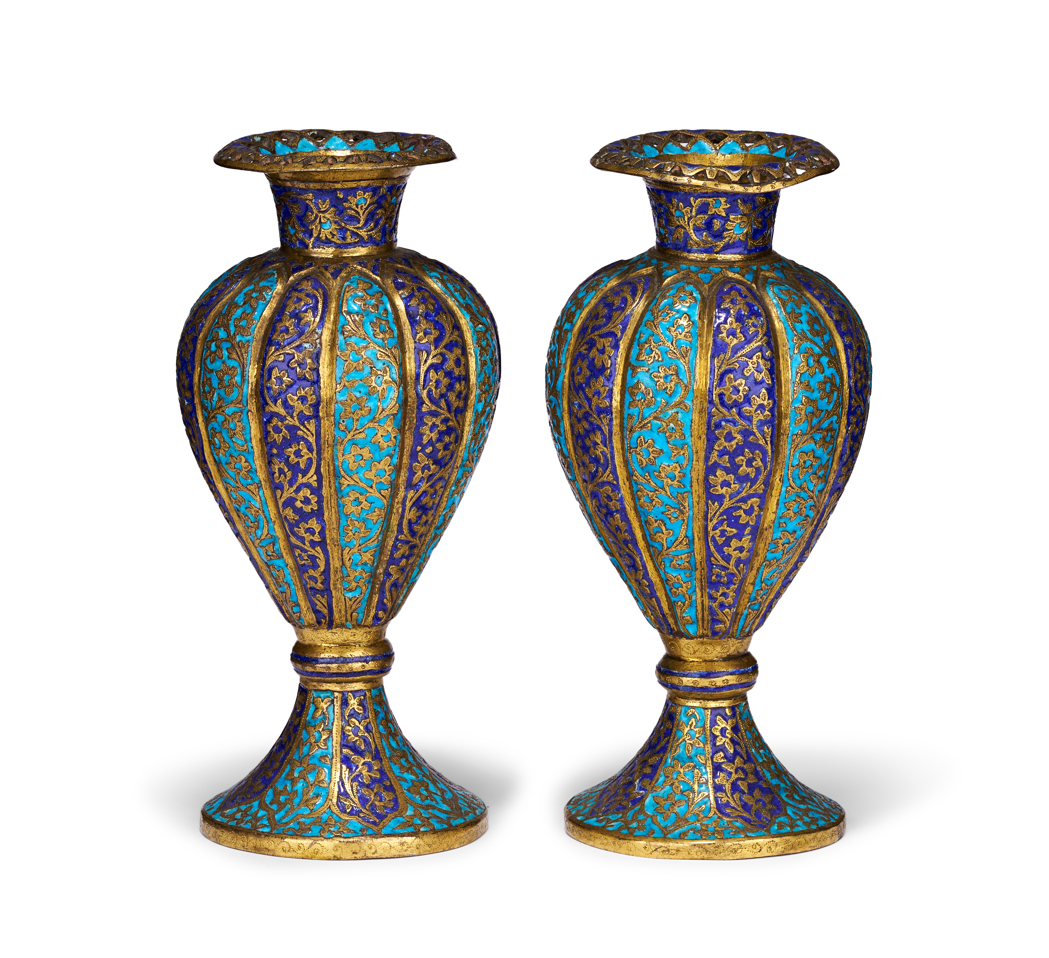 A PAIR KASHMIRI ENAMELLED GILT COPPER VASES, 19TH CENTURY
