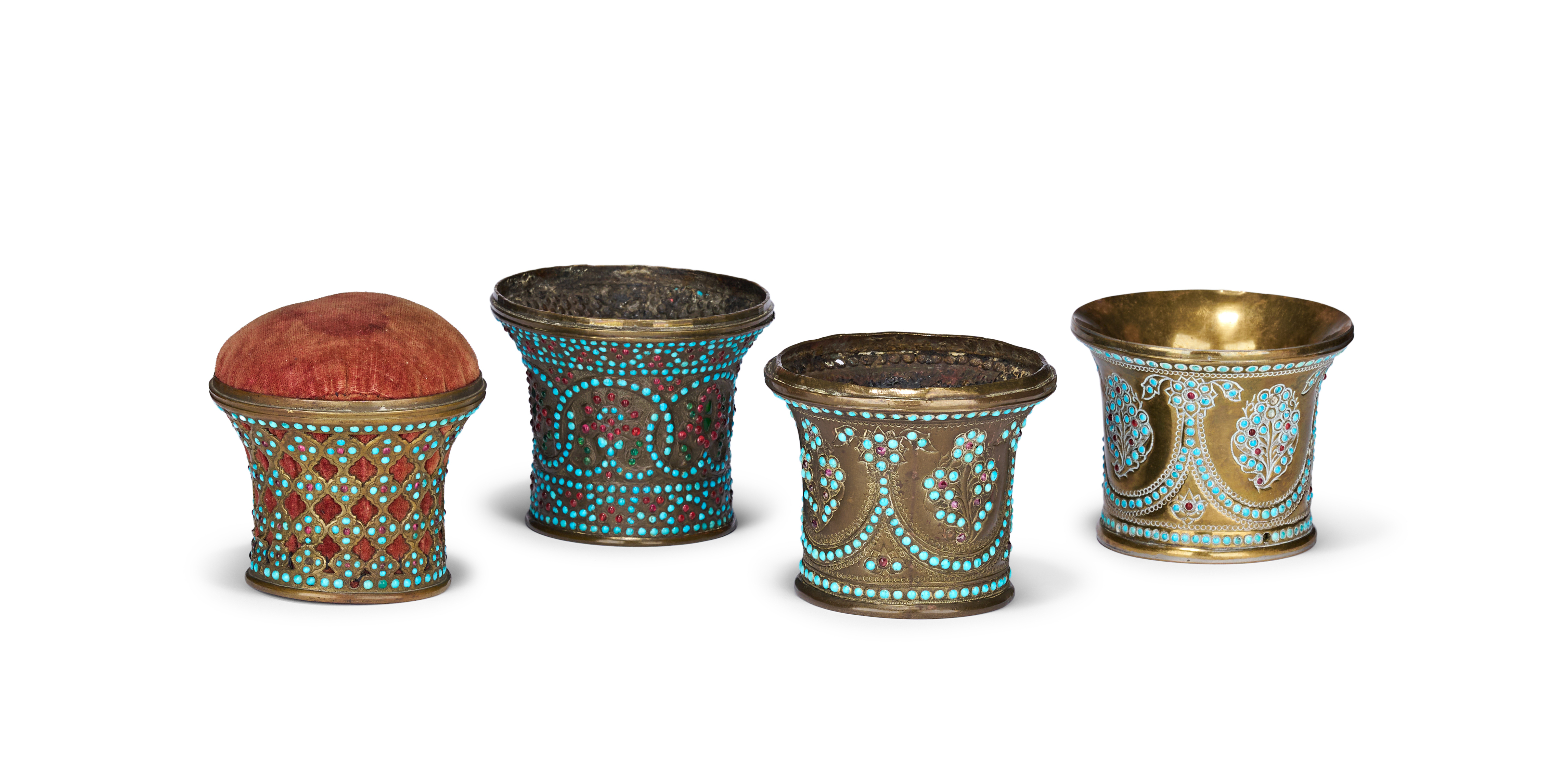 A GROUP OF QAJAR TURQUOISE AND STONE-INLAID GILT-BRASS GHALIAN CUPS, PERSIA, 19TH CENTURY