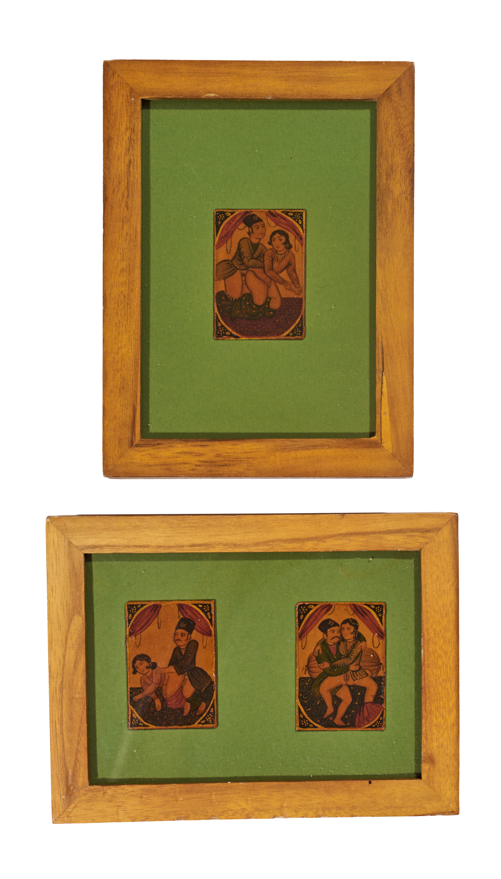 THREE PERSIAN QAJAR EROTIC MINIATURE PAPIER MACHE PAINTINGS, 19TH CENTURY