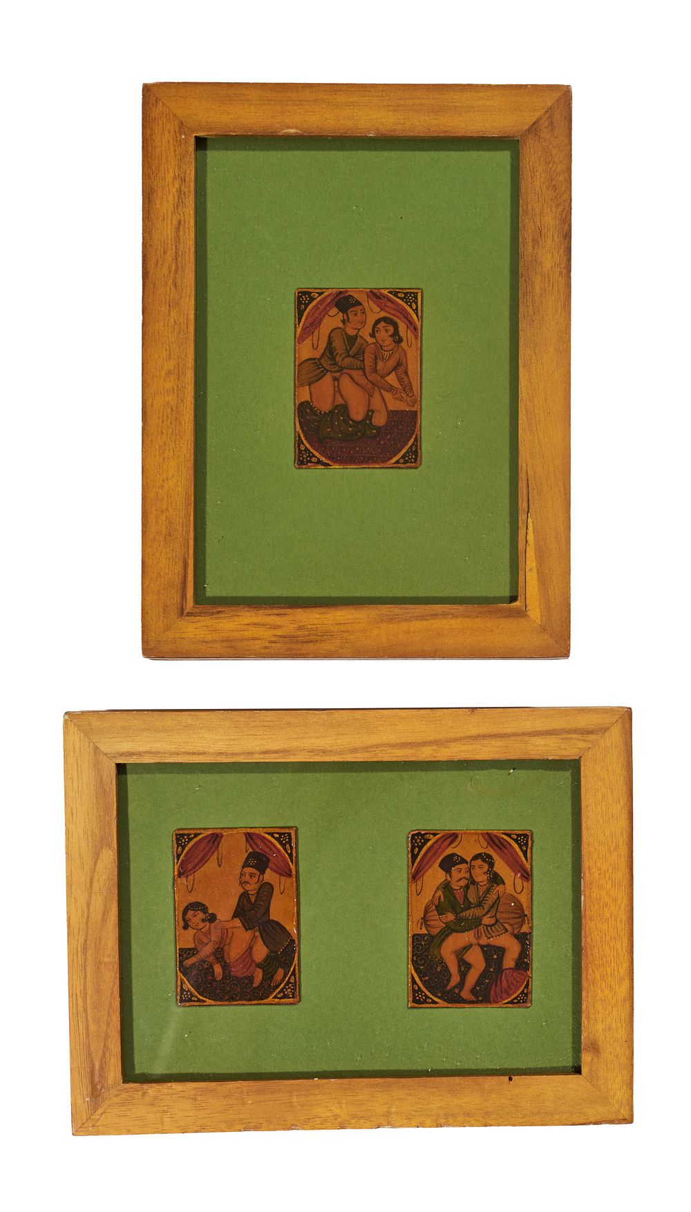 Lot 275: THREE PERSIAN QAJAR EROTIC MINIATURE PAPIER MACHE PAINTINGS, 19TH CENTURY