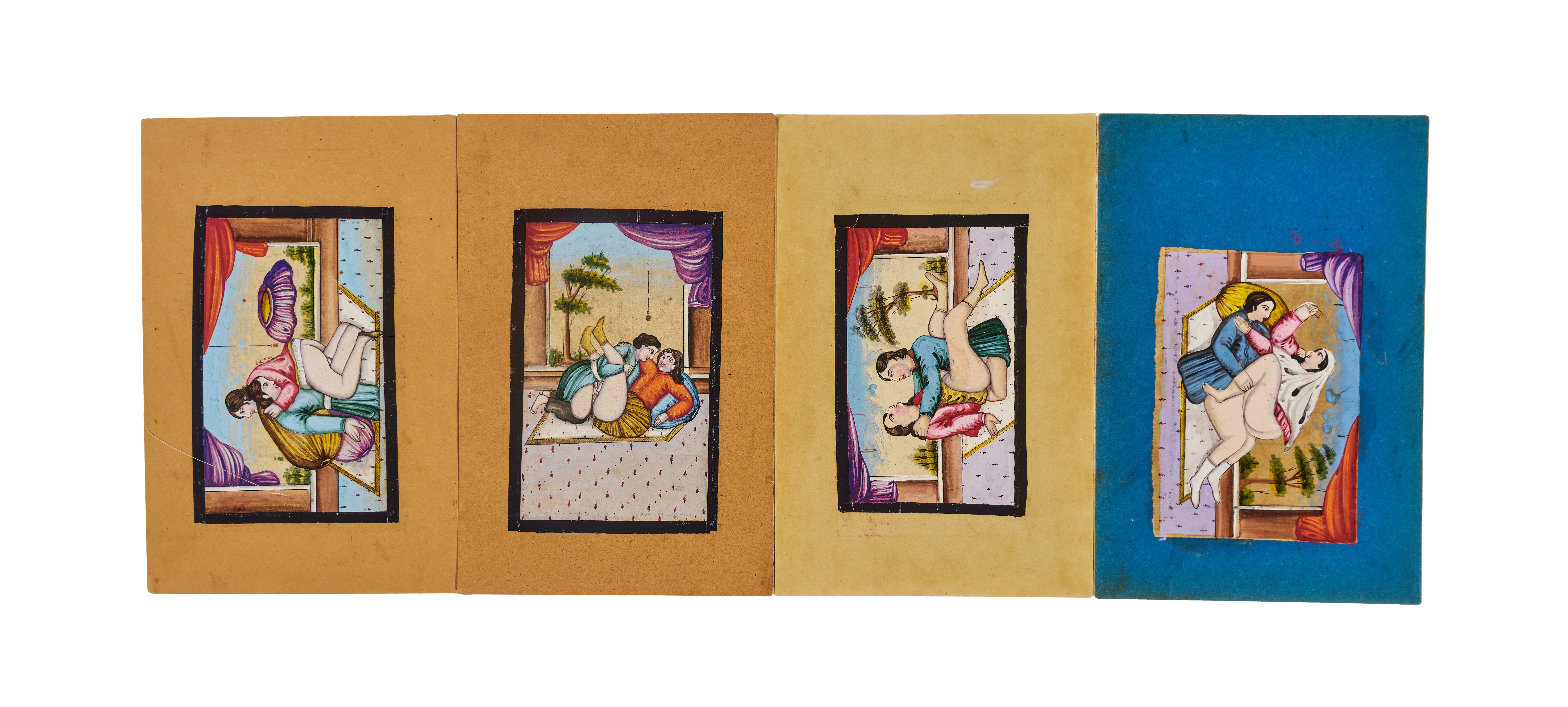 A SET OF TWELVE PERSIAN QAJAR EROTIC MINIATURE PAINTINGS, 19TH CENTURY