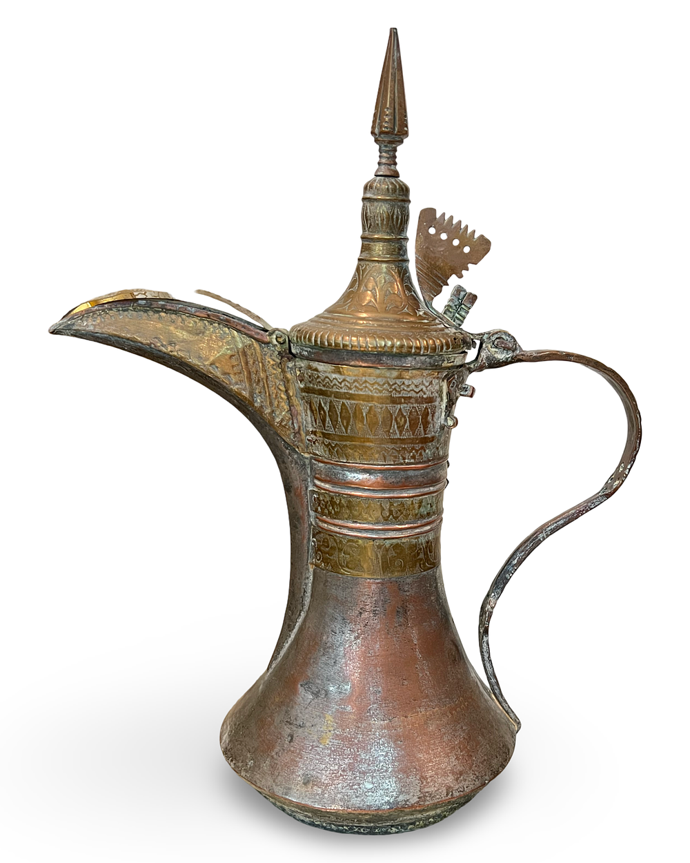 Lot 187: A LARGE ARABIAN COPPER AND BRASS DALLAH COFFEE POT, 19TH - 20TH CENTURY