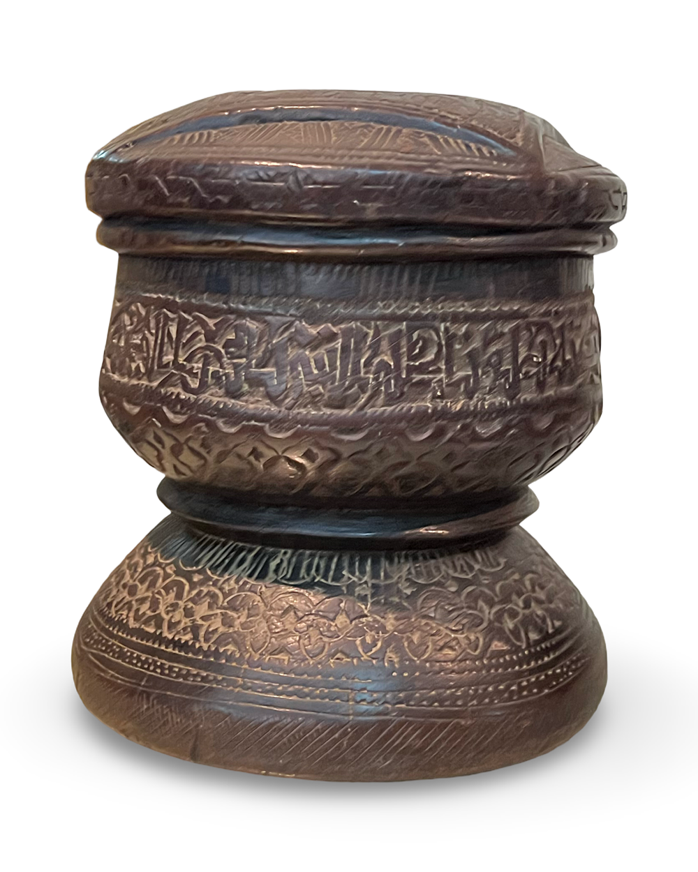 Lot 230: A CARVED HARDWOOD NORTH AFRICAN VESSEL WITH KUFIC CALLIGRAPHY