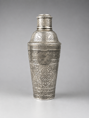A PERSIAN SILVER COCKTAIL SHAKER BY MASTER JAAFAR, 19TH CENTURY. The vessel is of tapered 