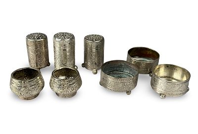 A SET OF PERSIAN SILVER CONDIMENT VESSELS BY MASTER JAAFAR, 19TH CENTURY. The intricate 