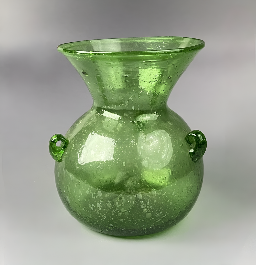 Lot 169: A HAND-BLOWN GREEN SEEDED GLASS AMPHORA-FORM VASE/ MOSQUE LAMP, SYRIA, 18TH - 19TH CENTURY