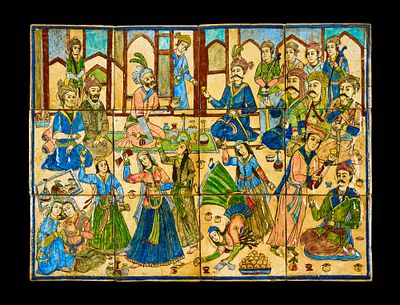 A LARGE PERSIAN TWELVE-TILE POLYCHROME CERAMIC PANEL, 20TH CENTURY. A large Persian polychrome 