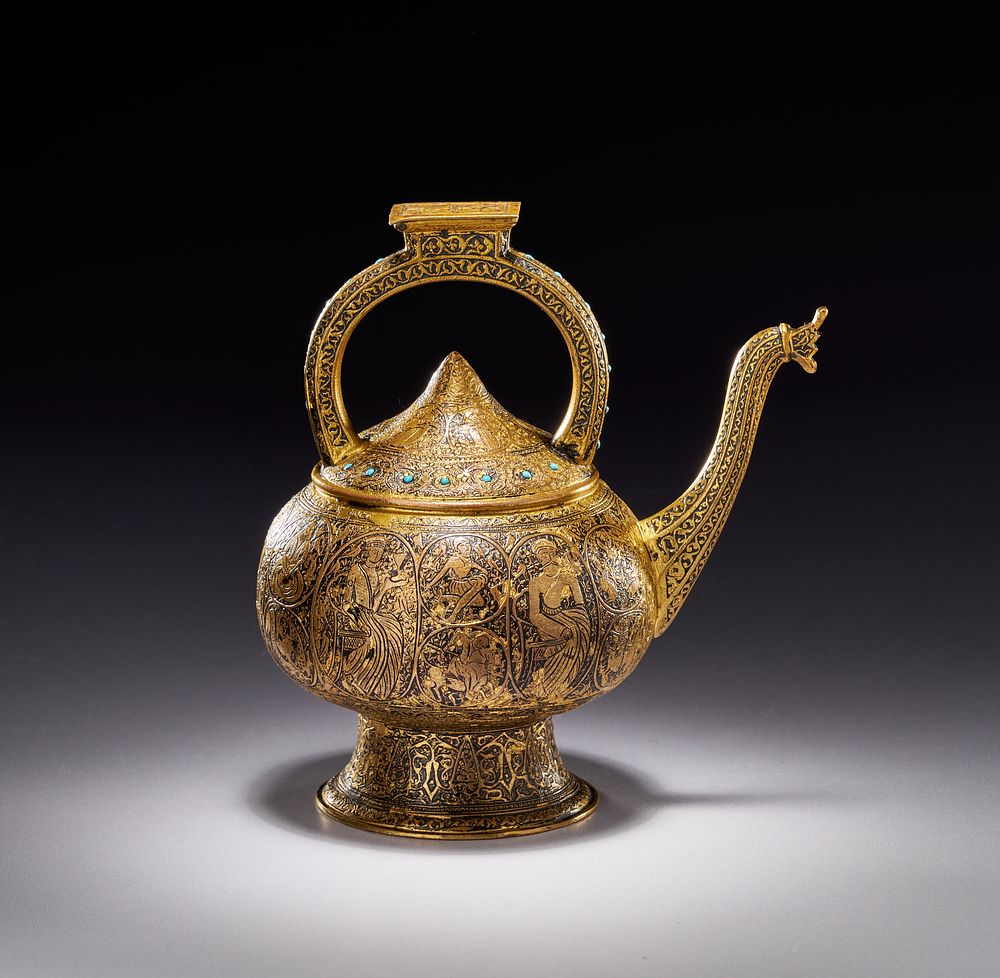 Lot 180: A QAJAR ENGRAVED GILDDED COPPER EWER, PERSIA, 19TH CENTURY