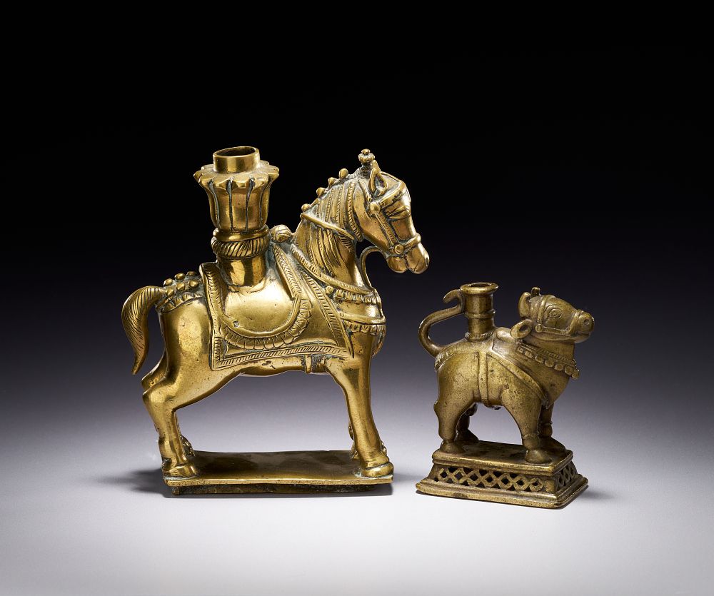 Lot 197: TWO INDIAN FOLK ART CAST BRASS ANIMAL FIGURINES, MAHARASHTRA OR DECCAN, 18TH CENTURY