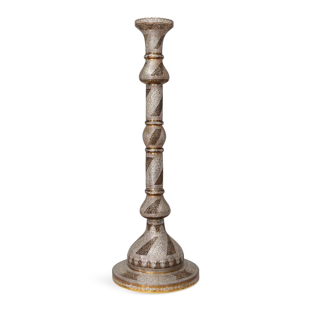 Lot 198: A LARGE MAMLUK REVIVAL SILVER-INLAID BRASS FLOOR CANDLESTICK, EGYPT OR SYRIA, LATE 19TH OR EARLY 20TH CENTURY
