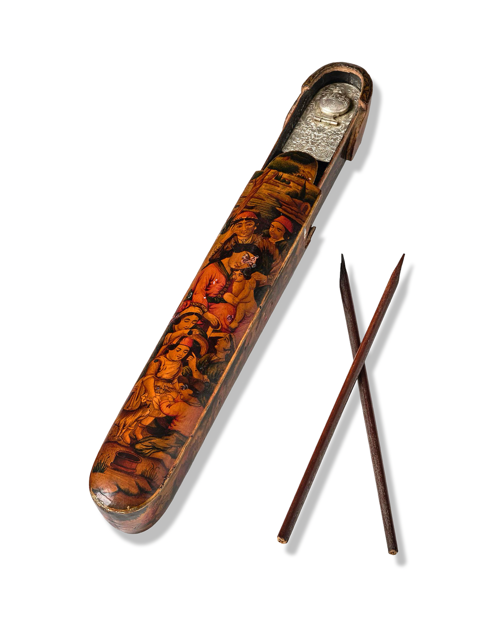 Lot 314: A QAJAR LACQUERED PAPIER-MACHE PEN CASE QALAMDAN, PERSIA, 19TH CENTURY