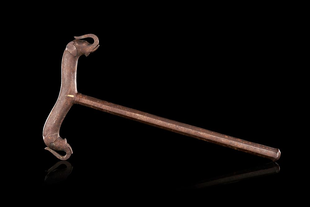 Lot 247: AN INDO-PERSIAN WROUGHT IRON SUFI ZAFAR TAKIEH WITH ELEPHANT TERMINALS, 18TH - 19TH CENTURY